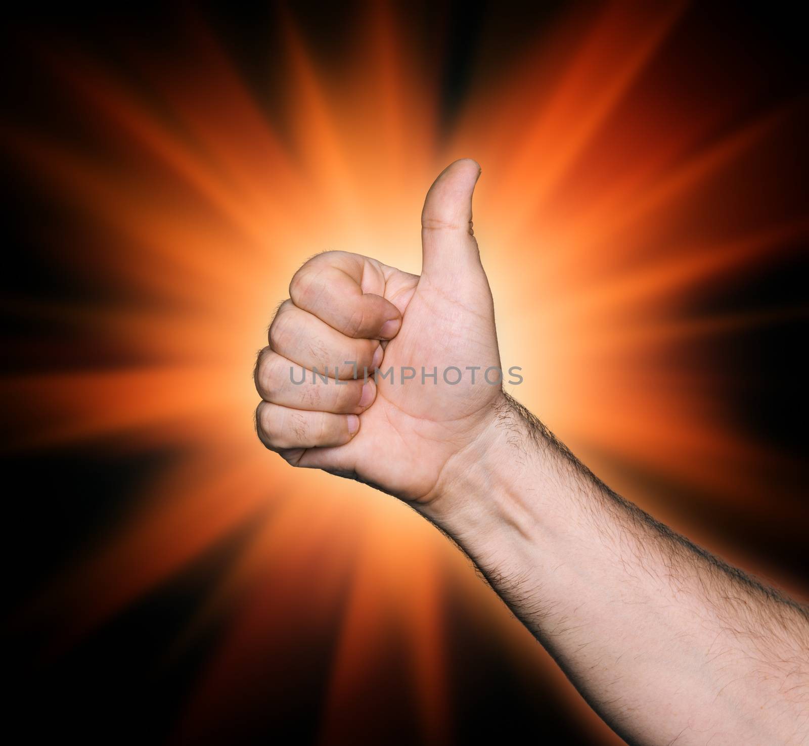 Tumb up sign on abstract red star background