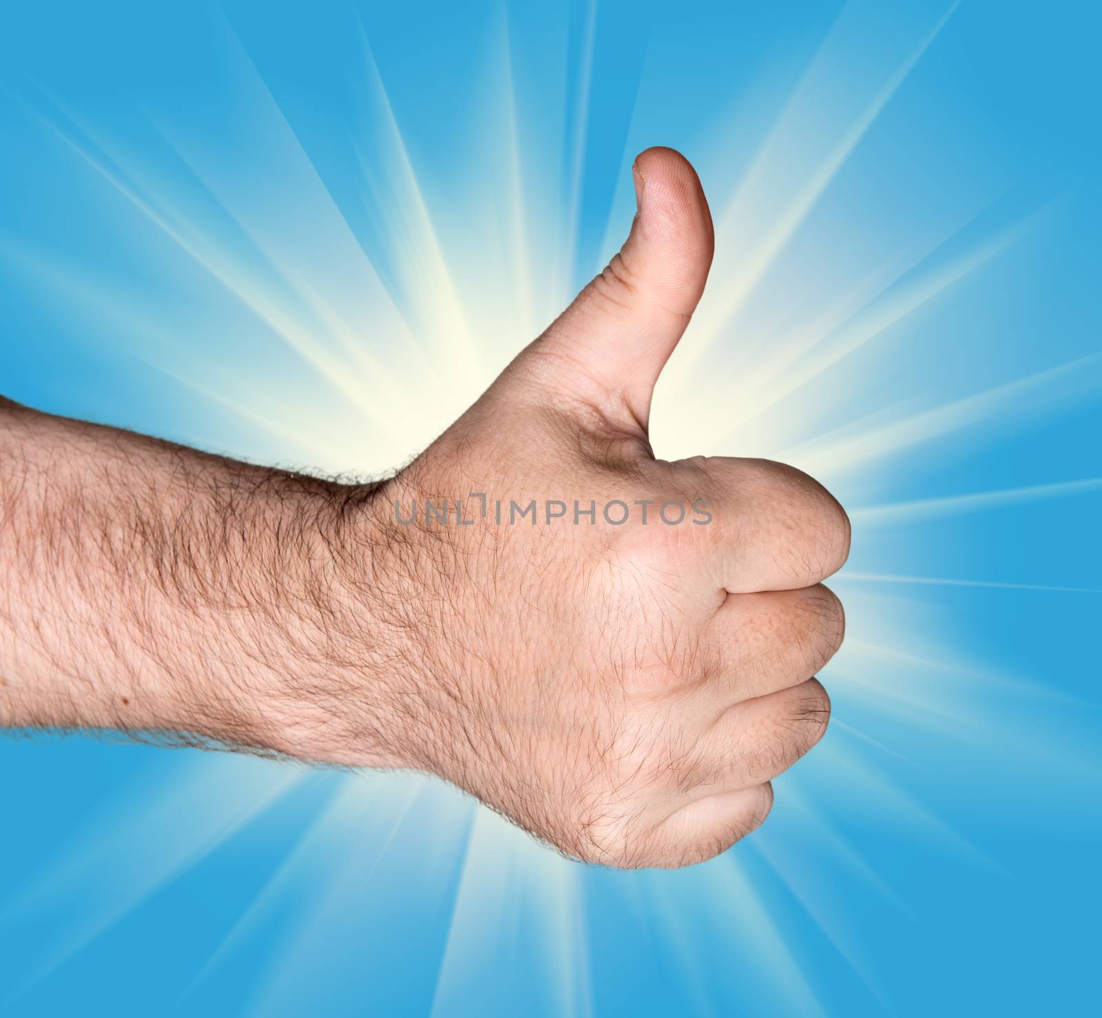 Body part. Thumb up sign on a blue background with sunlight rays