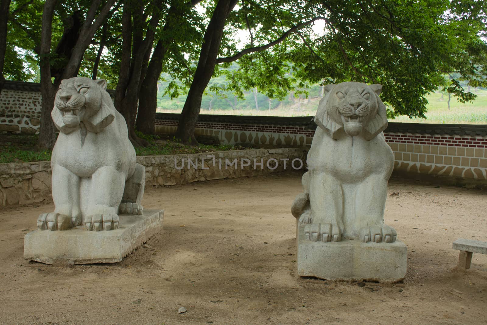 ancient stone sculptures of lions. North Korea