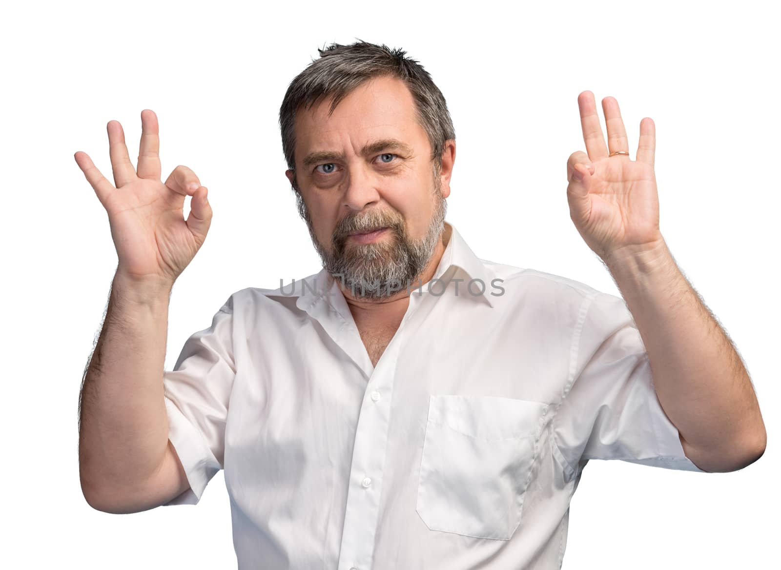 Successful man shows ok sigh on white background