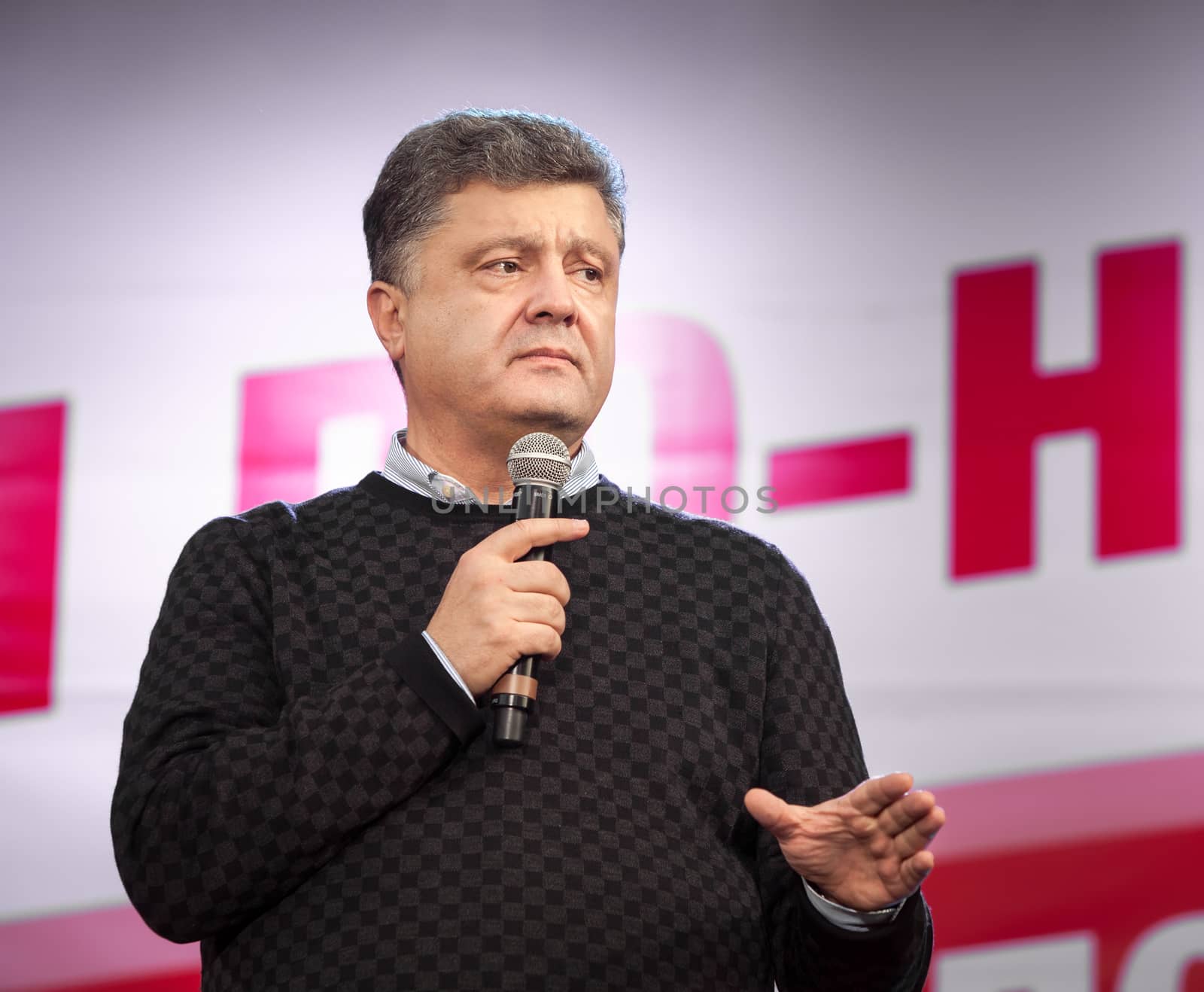 Uzhgorod, Ukraine - May 1, 2014: Most rating Ukrainian presidential candidate Petro Poroshenko speaks at election meeting before the voters