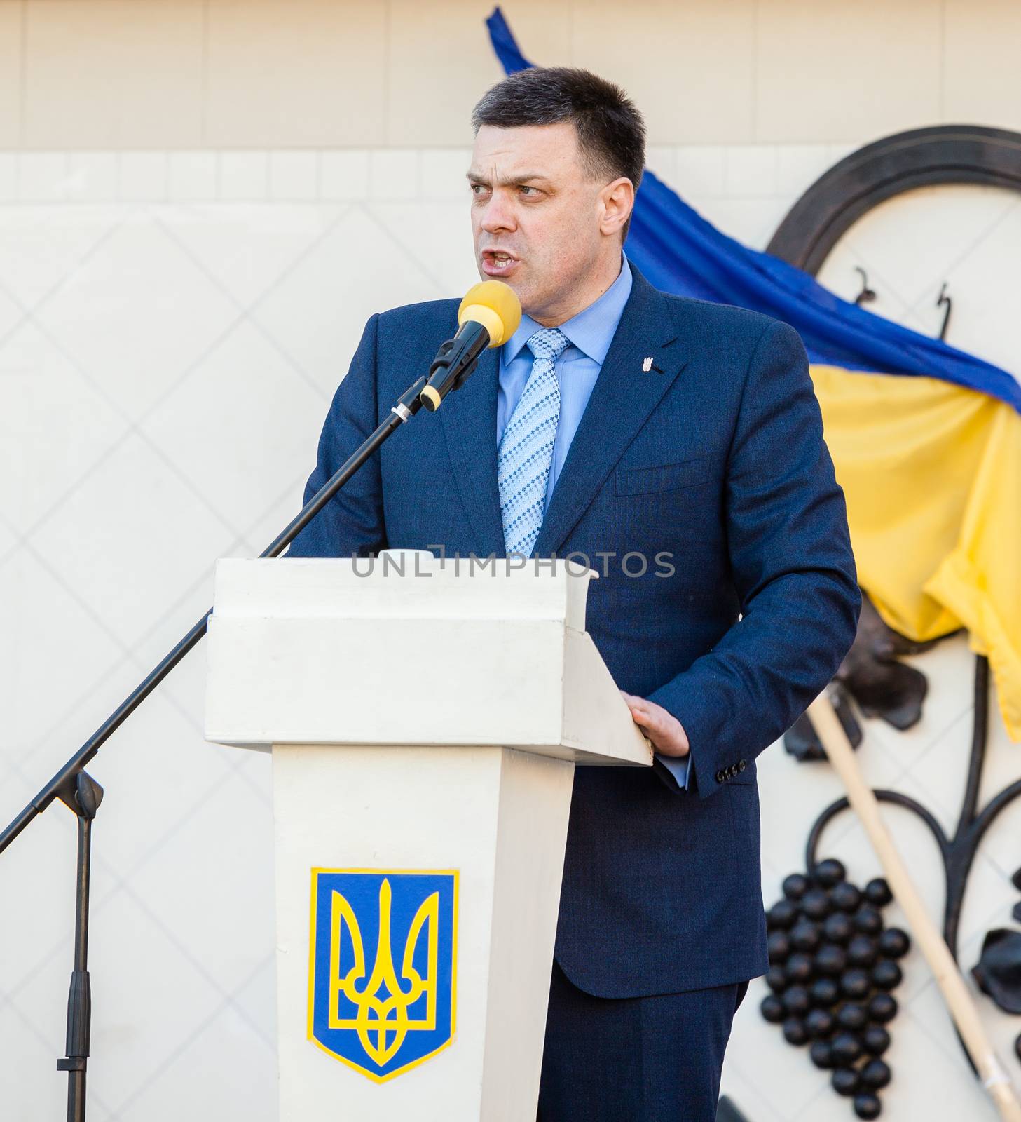 UZHGOROD, UKRAINE - MAY 5, 2014: People's Deputy of Ukraine, Ukrainian presidential candidate Oleh Tiahnybok speaks at election meeting in Uzhgorod