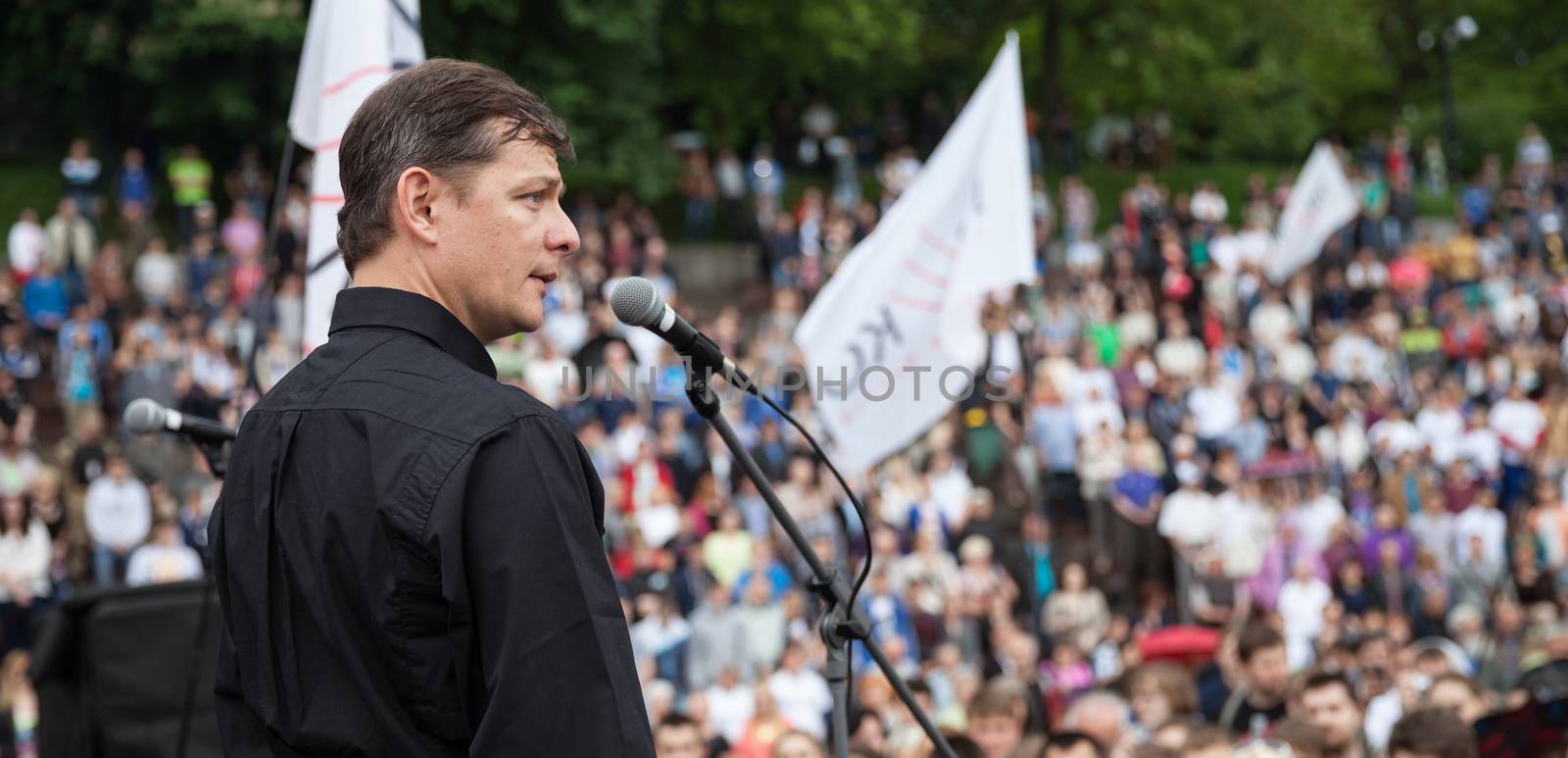 KIEV, UKRAINE - MAY 19, 2014: People's Deputy of Ukraine, Ukrainian presidential candidate Oleh Liashko speaks at election meeting in Kiev