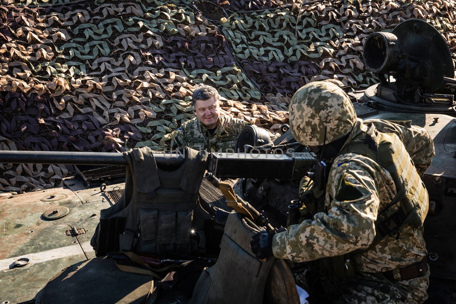 DONETSK REGION, UKRAINE - Oct 10, 2014: President of Ukraine Petro Poroshenko inspected the fortifications in the Donetsk region