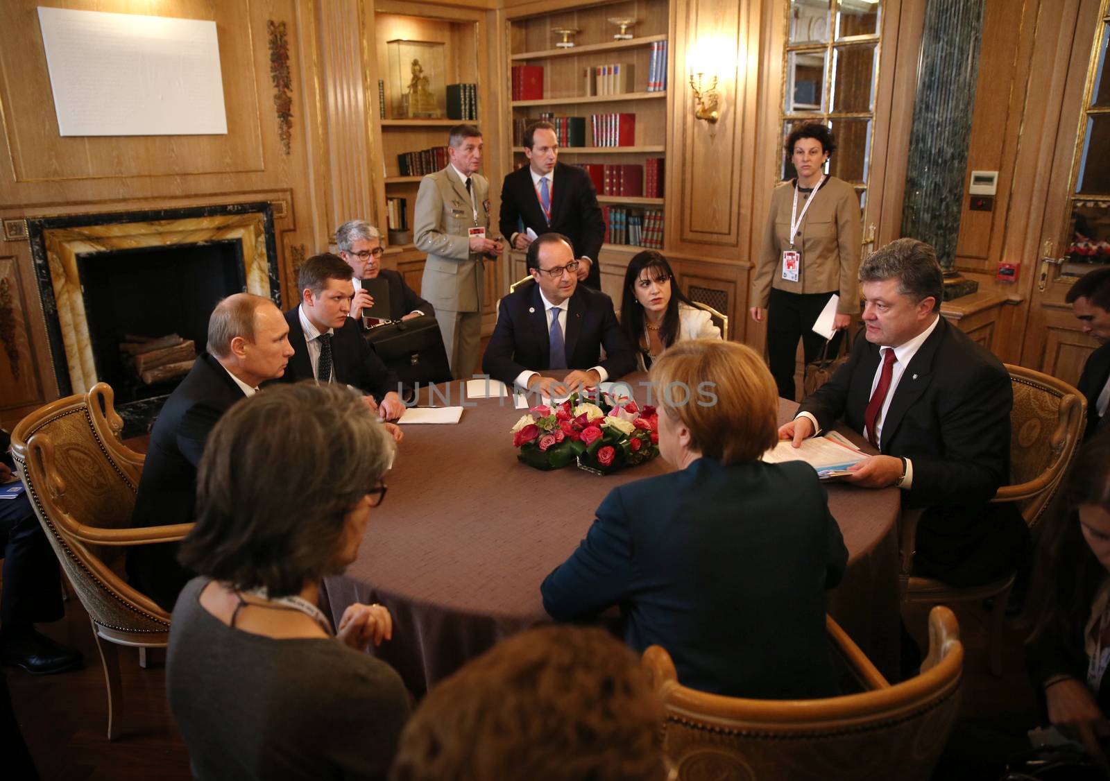 MILAN, ITALY - Oct 17, 2014: President Ukraine Poroshenko, German Chancellor Merkel, French President Hollande and Russian President Putin during a meeting on ASEM summit of European and Asian leaders