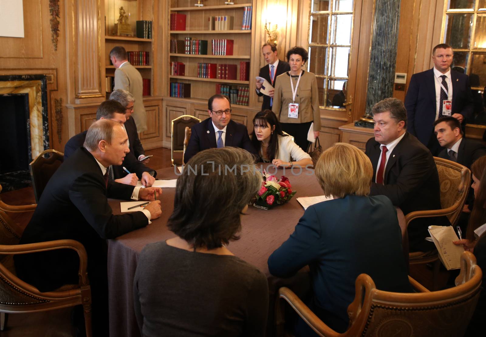 MILAN, ITALY - Oct 17, 2014: President Ukraine Poroshenko, German Chancellor Merkel, French President Hollande and Russian President Putin during a meeting on ASEM summit of European and Asian leaders