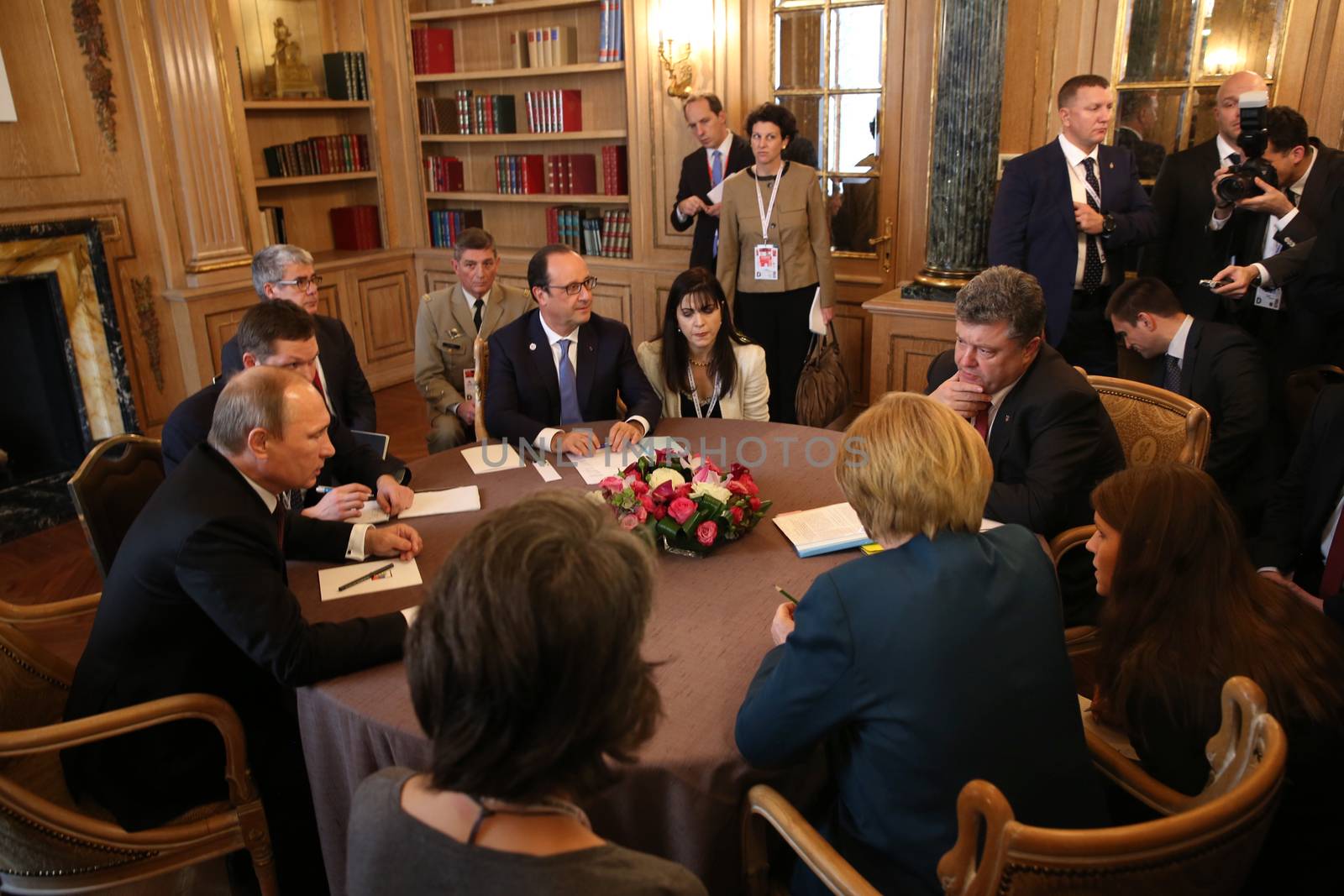 MILAN, ITALY - Oct 17, 2014: President Ukraine Poroshenko, German Chancellor Merkel, French President Hollande and Russian President Putin during a meeting on ASEM summit of European and Asian leaders