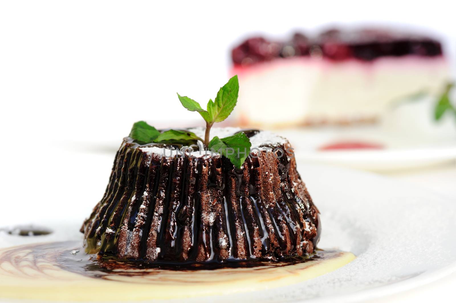 Chocolate dessert fondant with peppermint leaves and icing on top