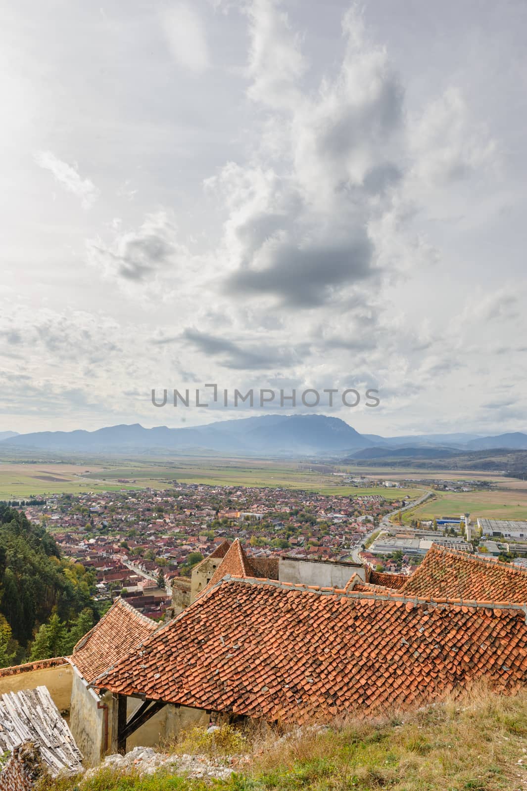 View of Rasnov city from mediieval fortress. Transylvania, Brasov, Romania