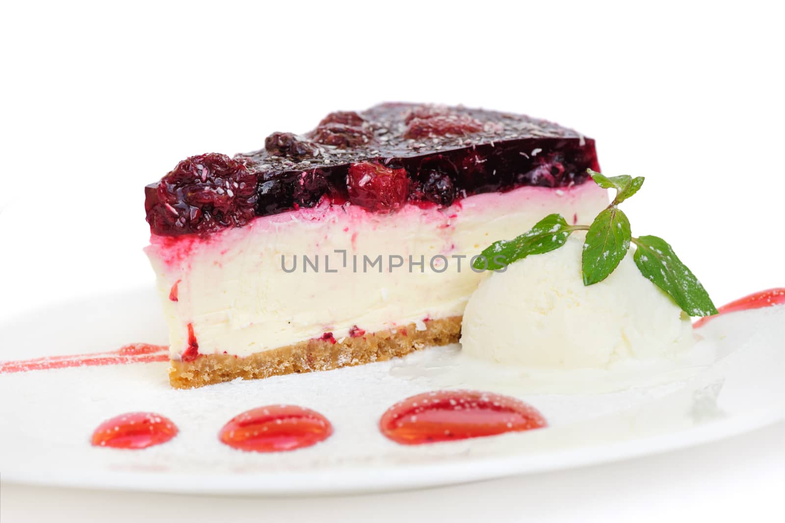 cherry cheesecake with ice cream ball isolated on white background