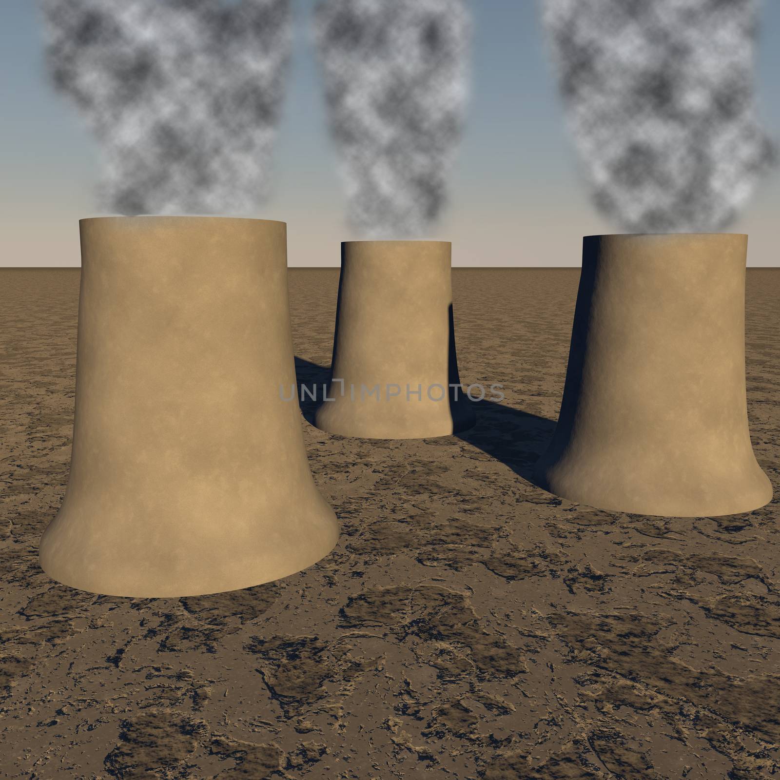 Power plant reactors smoking in blue sky, 3d render