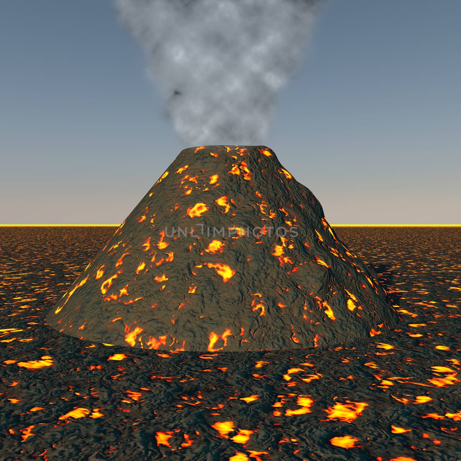 Volcano smoking over ground full of lava, 3d render