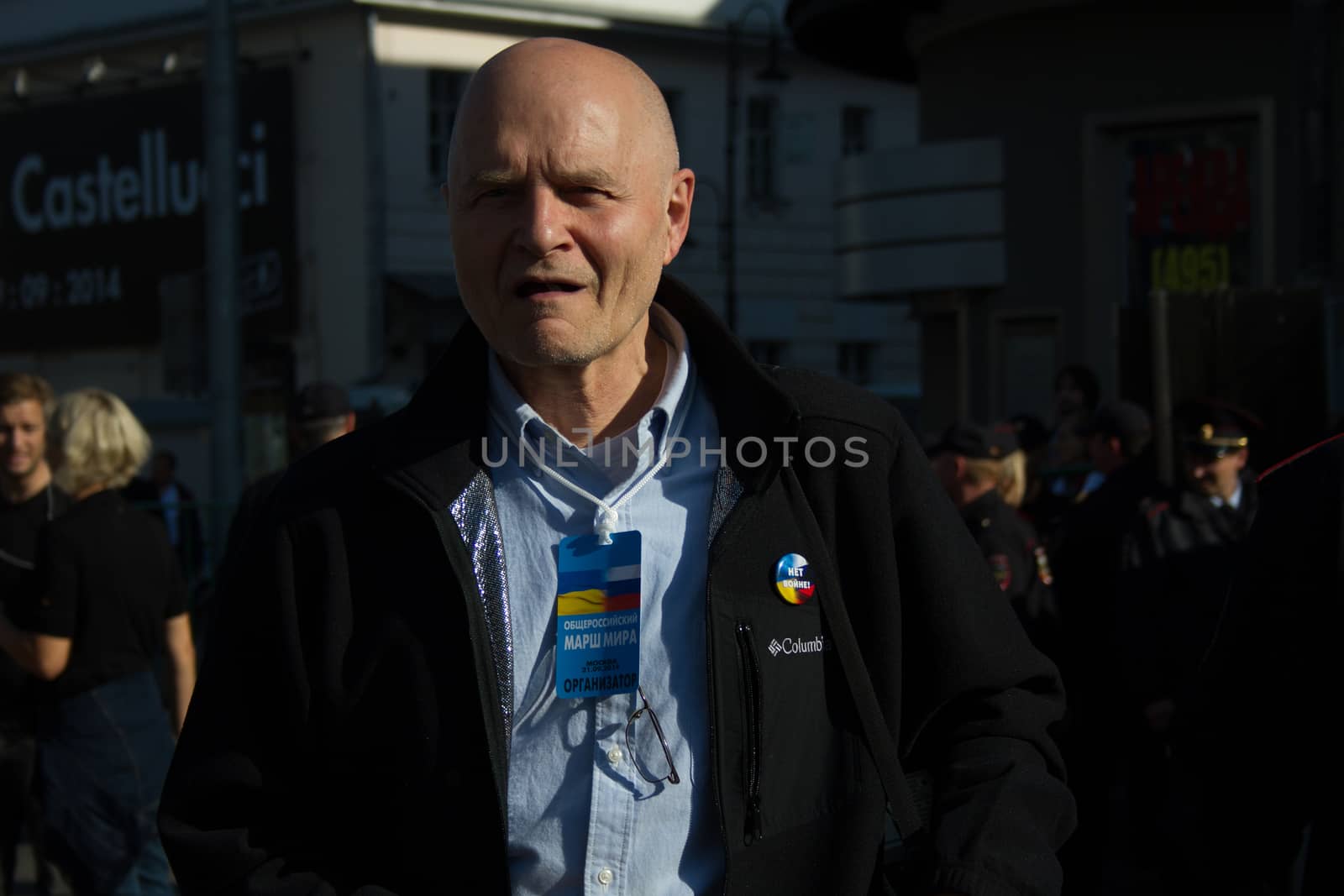 Moscow, Russia - September 21, 2014. Co-organizer of the March of peace Michael Schneider Peace March in Moscow against war with Ukraine