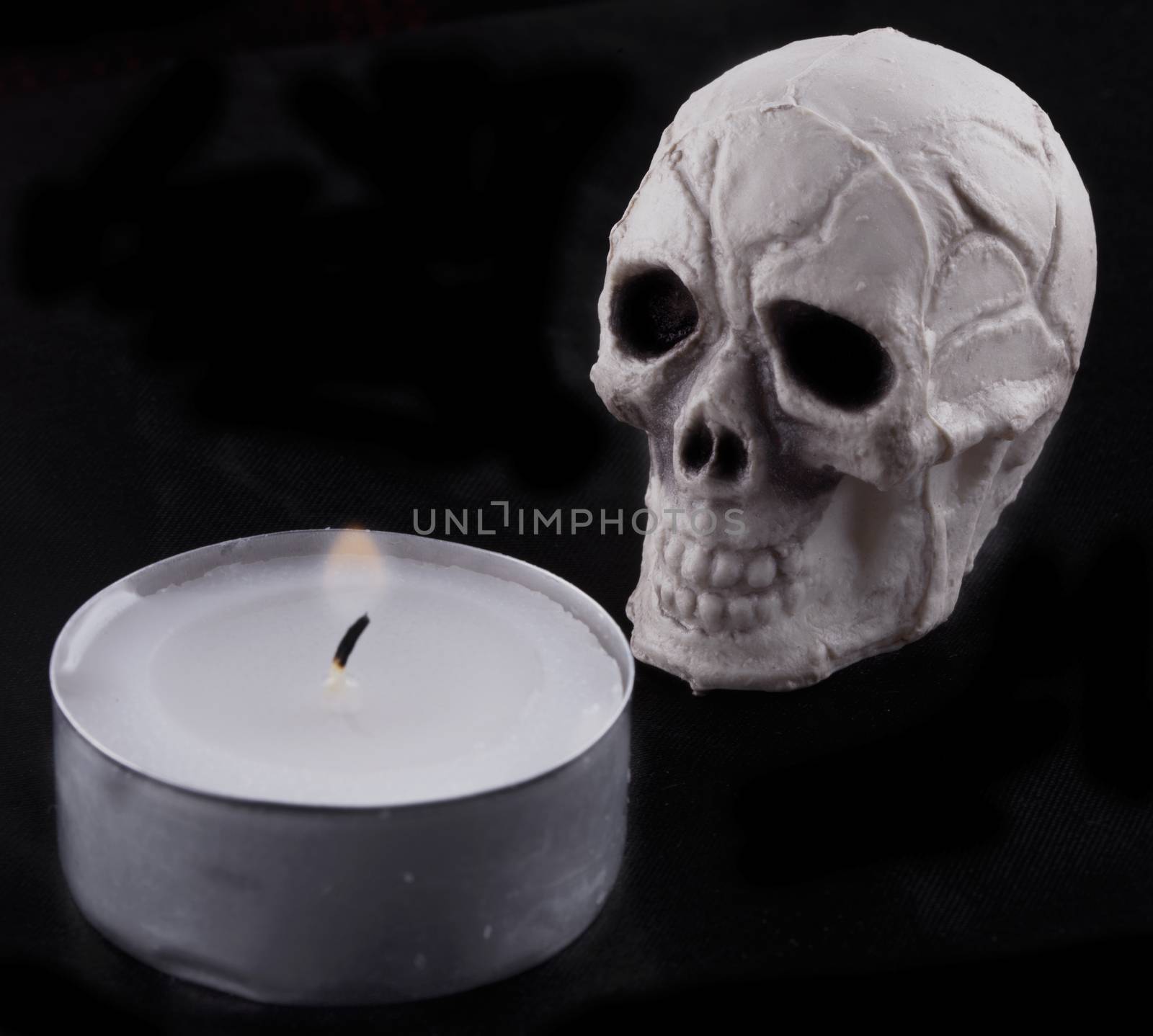 Skull behind a candle in black background