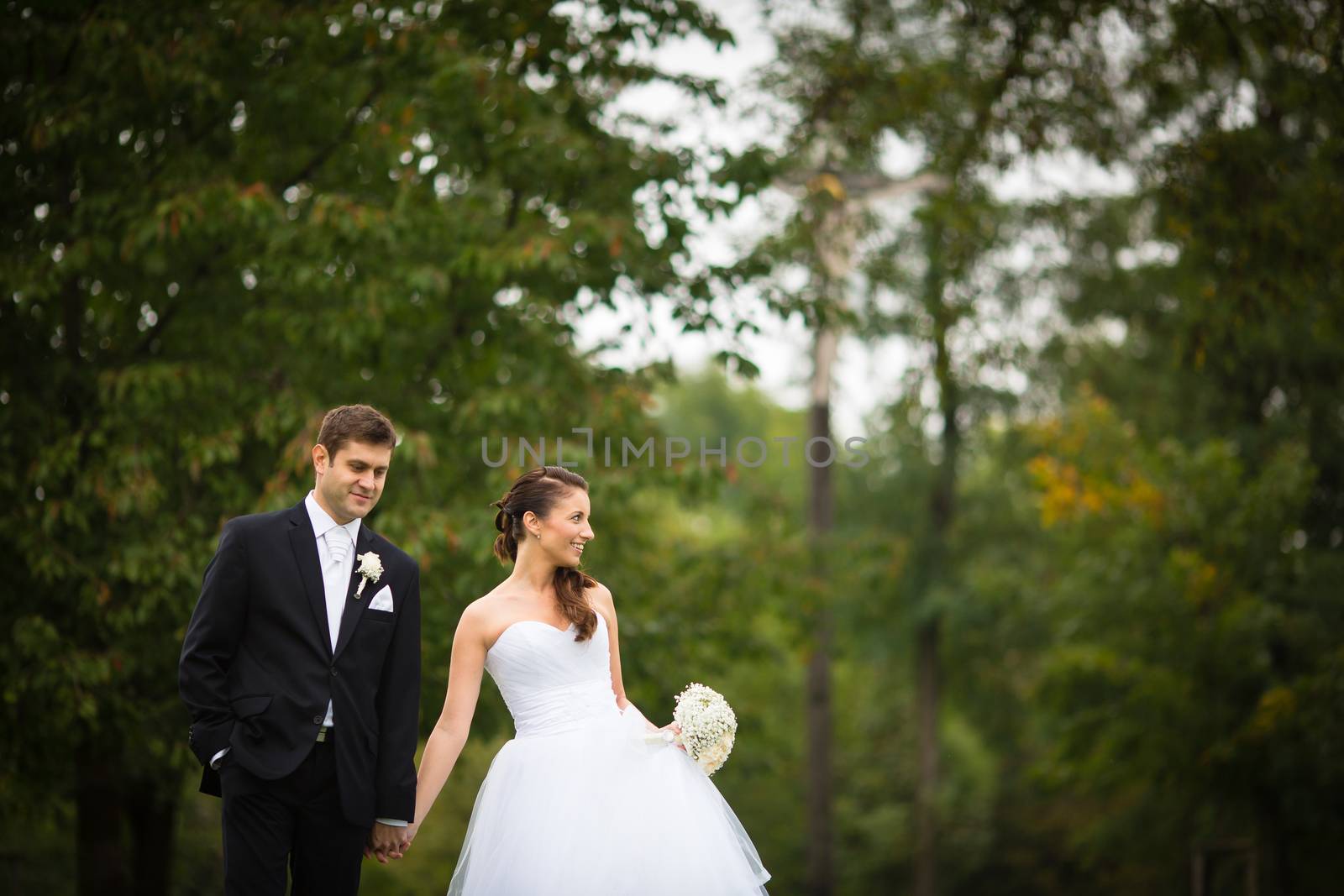 Just married, young wedding couple in a park, walking, savoring the moment on her big day (shallow DOF)
