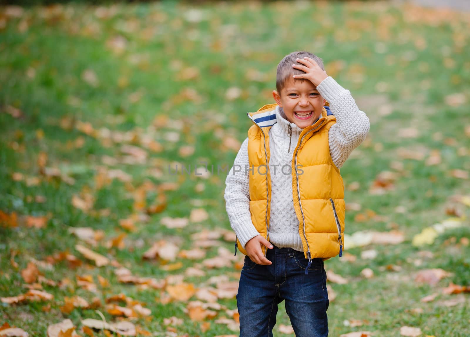 Portrait of Adorable cute boy with autumn leaves in the beautiful park