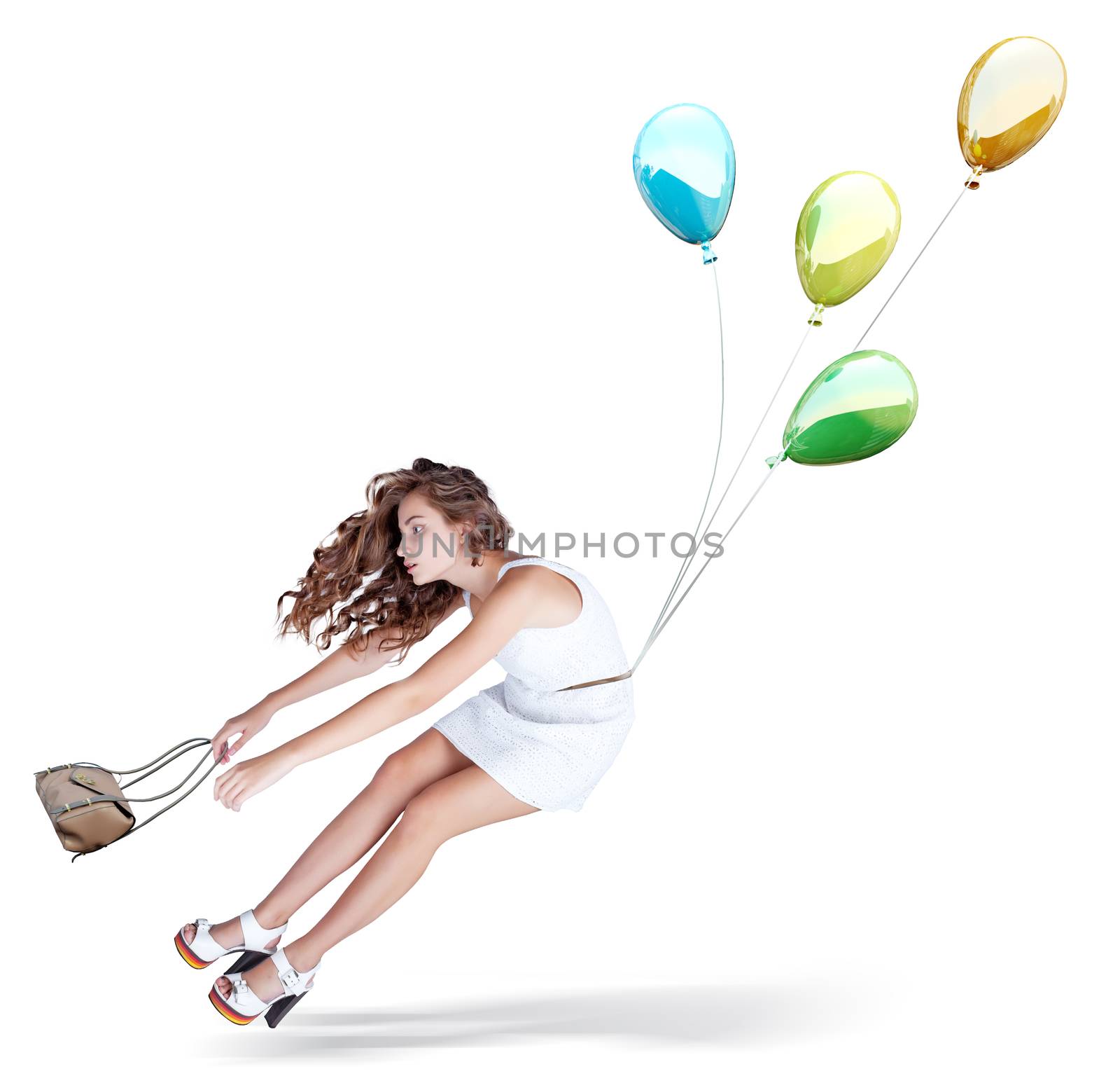 Balloons fly with young beautiful girl. Isolated Creative concept