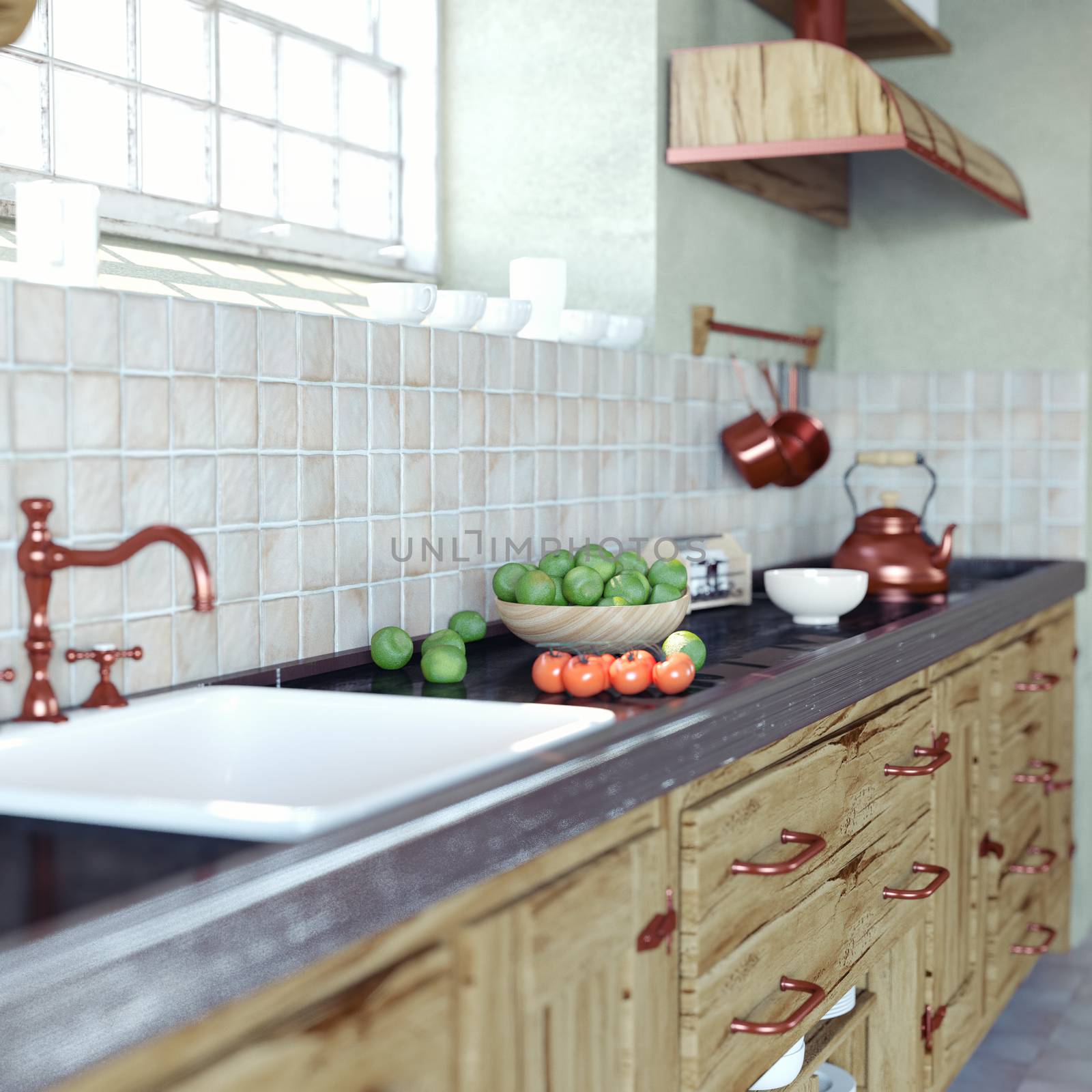 close-up vintage kitchen interior (DOF essect. 3d concept)