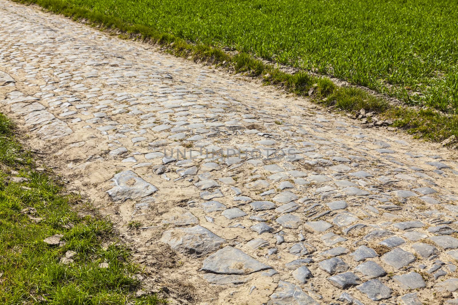 Cobbelstone road located in the North of France near Lille. On such roads every year is organized one of the most famous one day cycling race Paris-Roubaix.