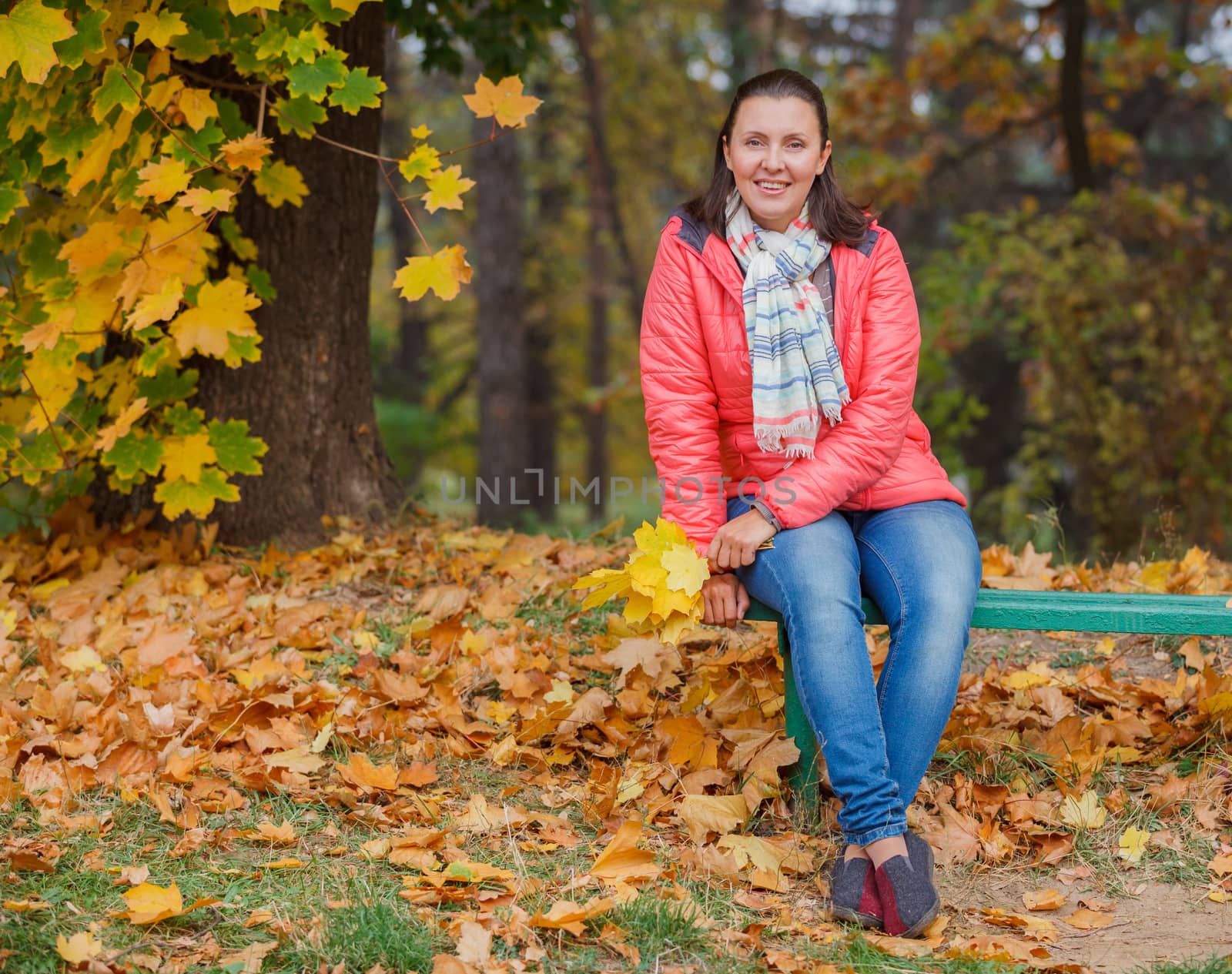 Men sitting on a bench in the autumn park