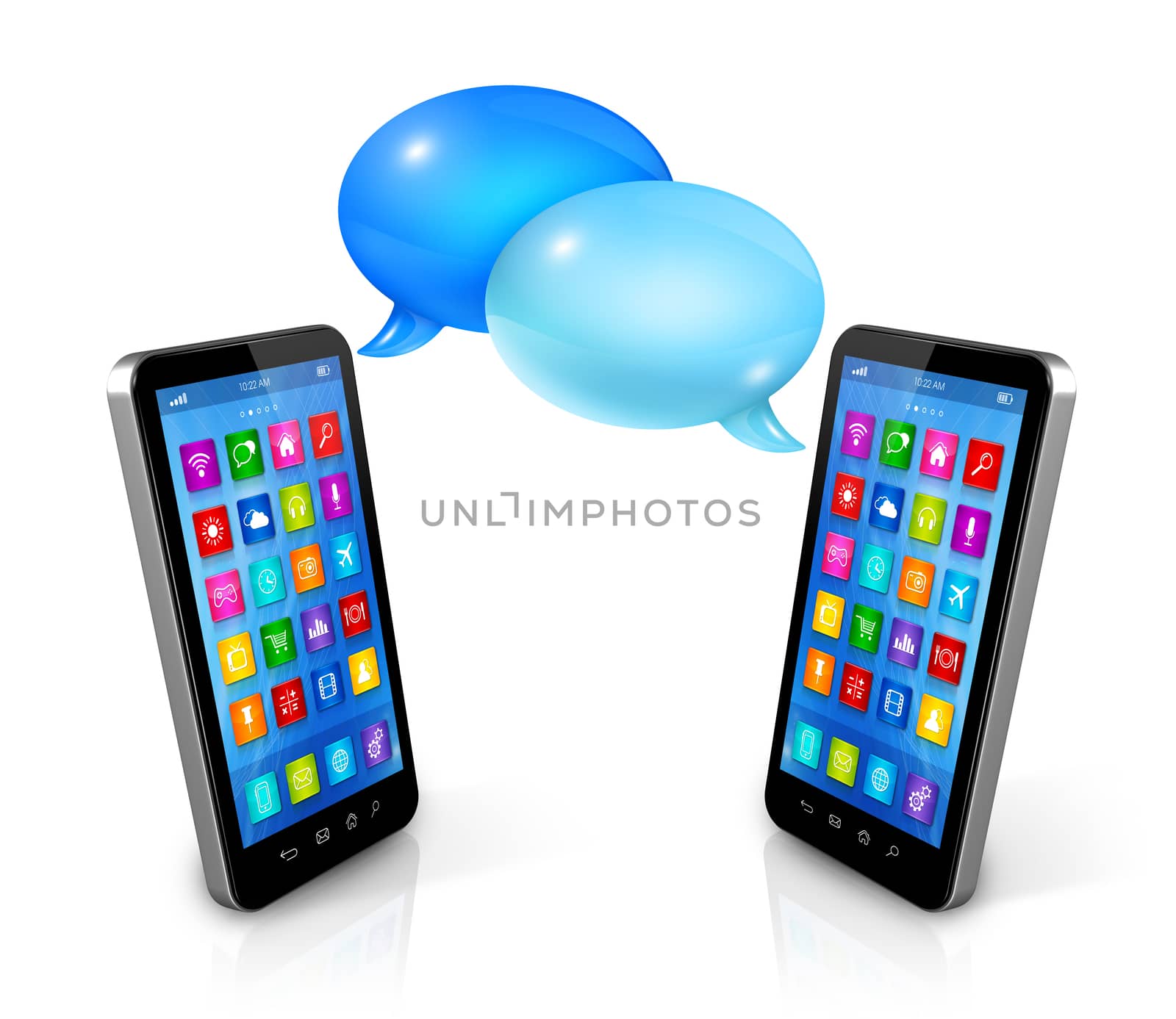 3D Speech bubbles and mobile phones. Communication and technology