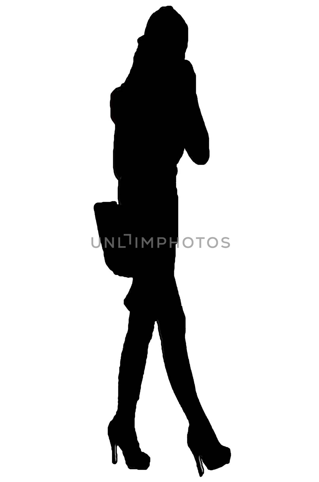 Silhouette of a woman with miniskirt and bag goes and is calling on.