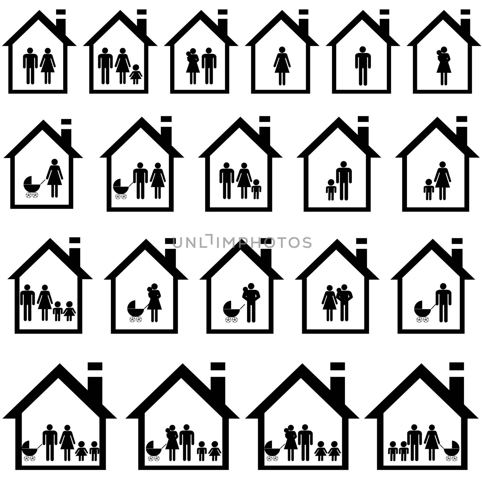 Pictograms of families in houses