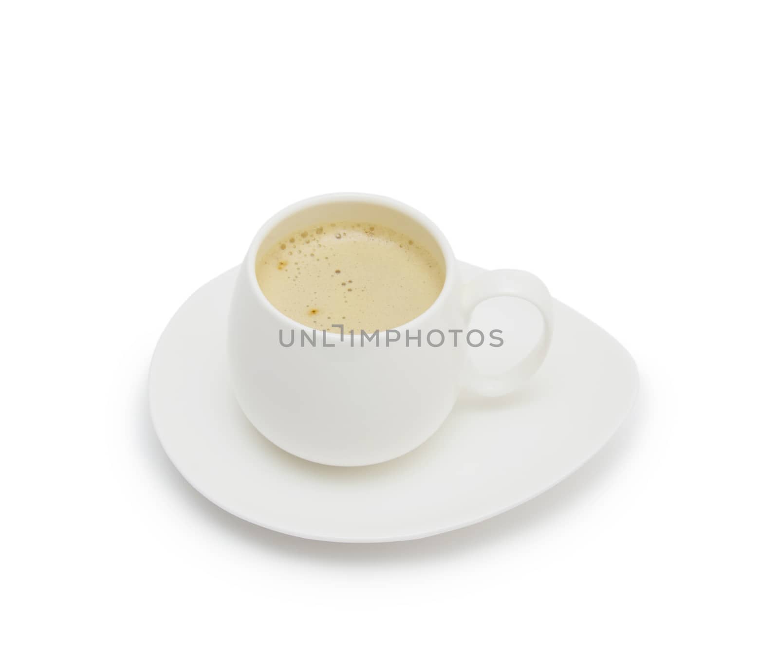 Coffee cup and saucer on a white background.