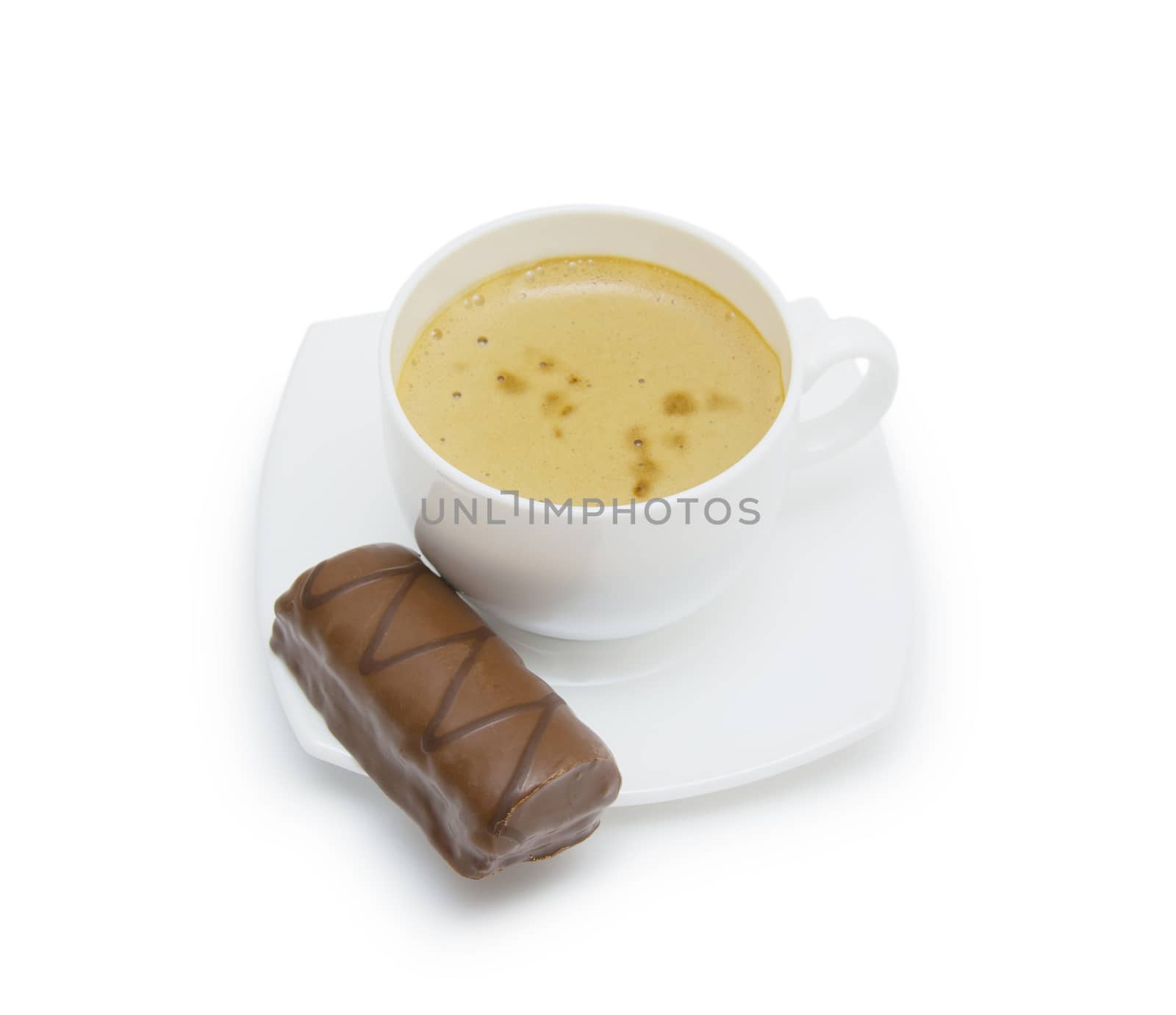 Coffee cup and saucer on a white background.