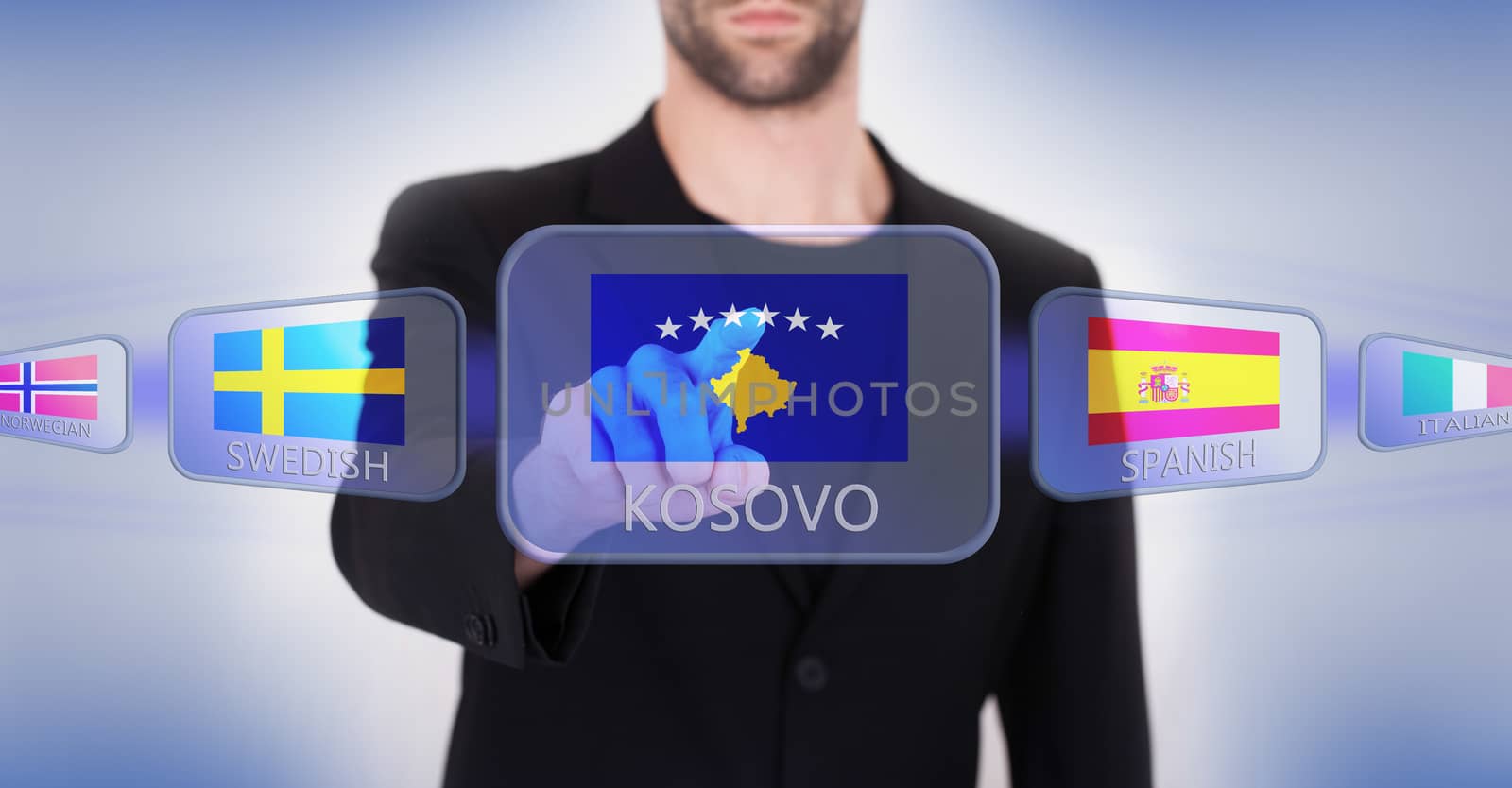 Hand pushing on a touch screen interface, choosing language or country, Kosovo