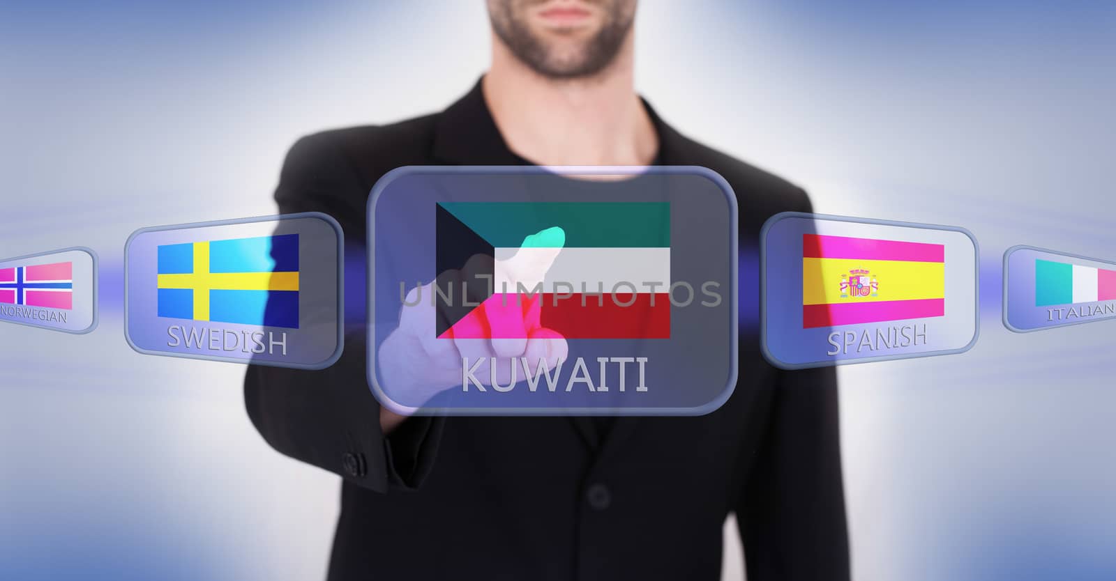 Hand pushing on a touch screen interface, choosing language or country, Kuwait