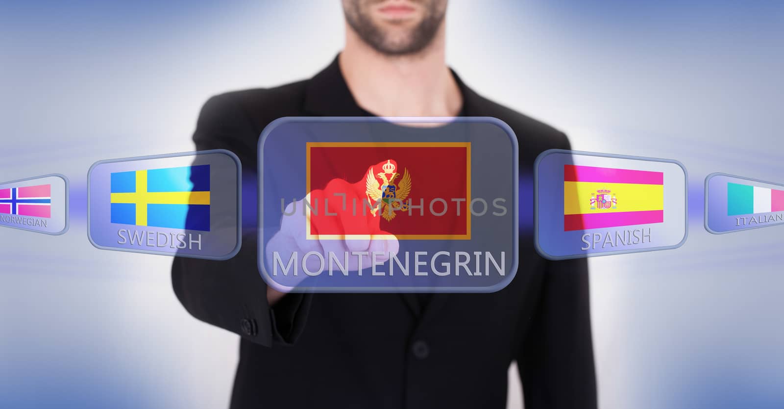 Hand pushing on a touch screen interface, choosing language or country, Montenegro