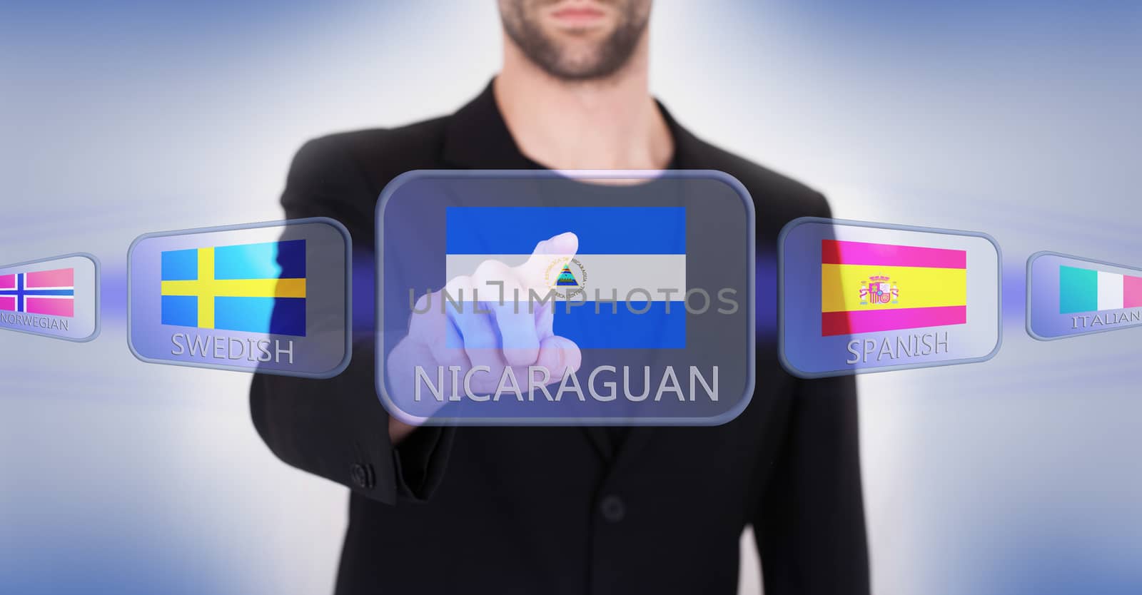 Hand pushing on a touch screen interface, choosing language or country, Nicaragua