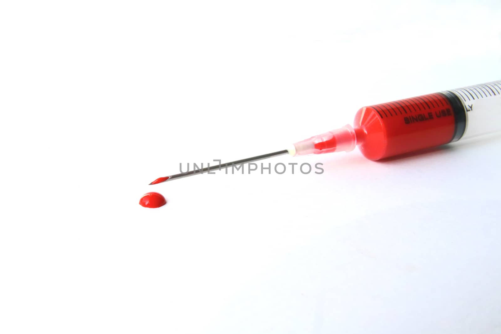Red liquid in the syringe and drop on white ground.