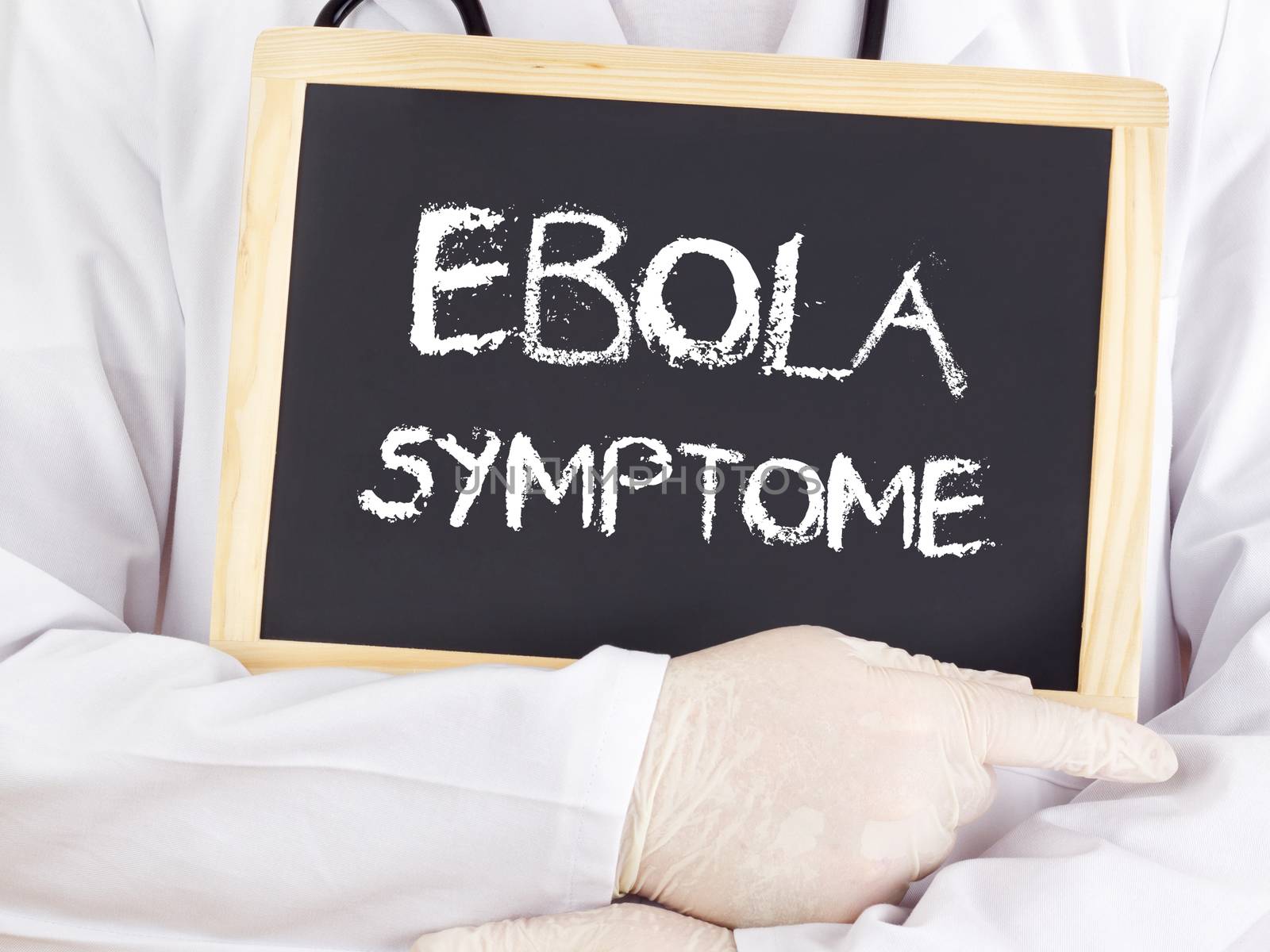 Doctor shows information: Ebola symptoms in german by gwolters
