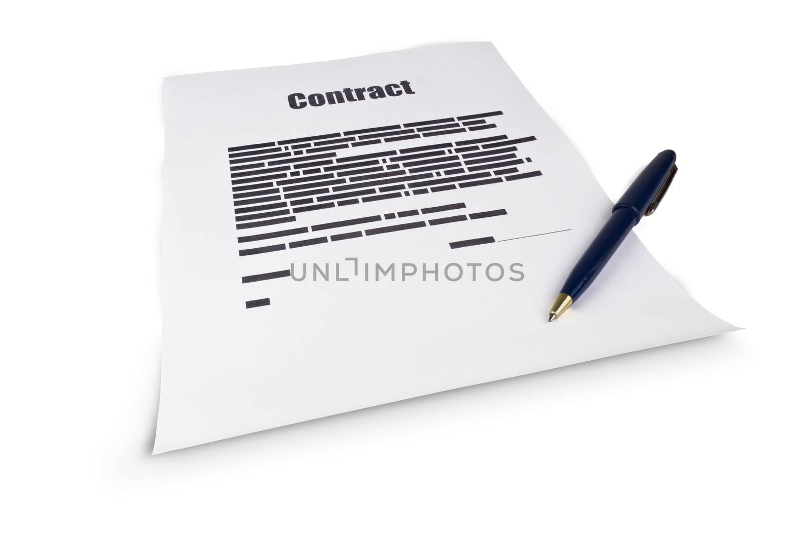 Sheet of paper with the text of the contract and pen for signing