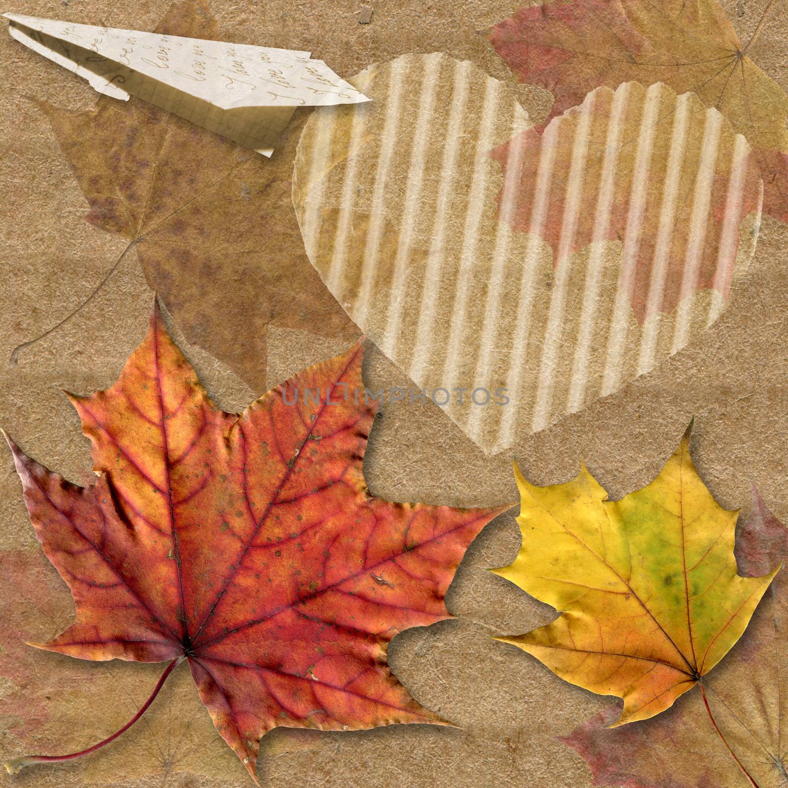 Autumn leaf with the plane from folded paper. Romantic heart and the letter. Raster seasonal image.