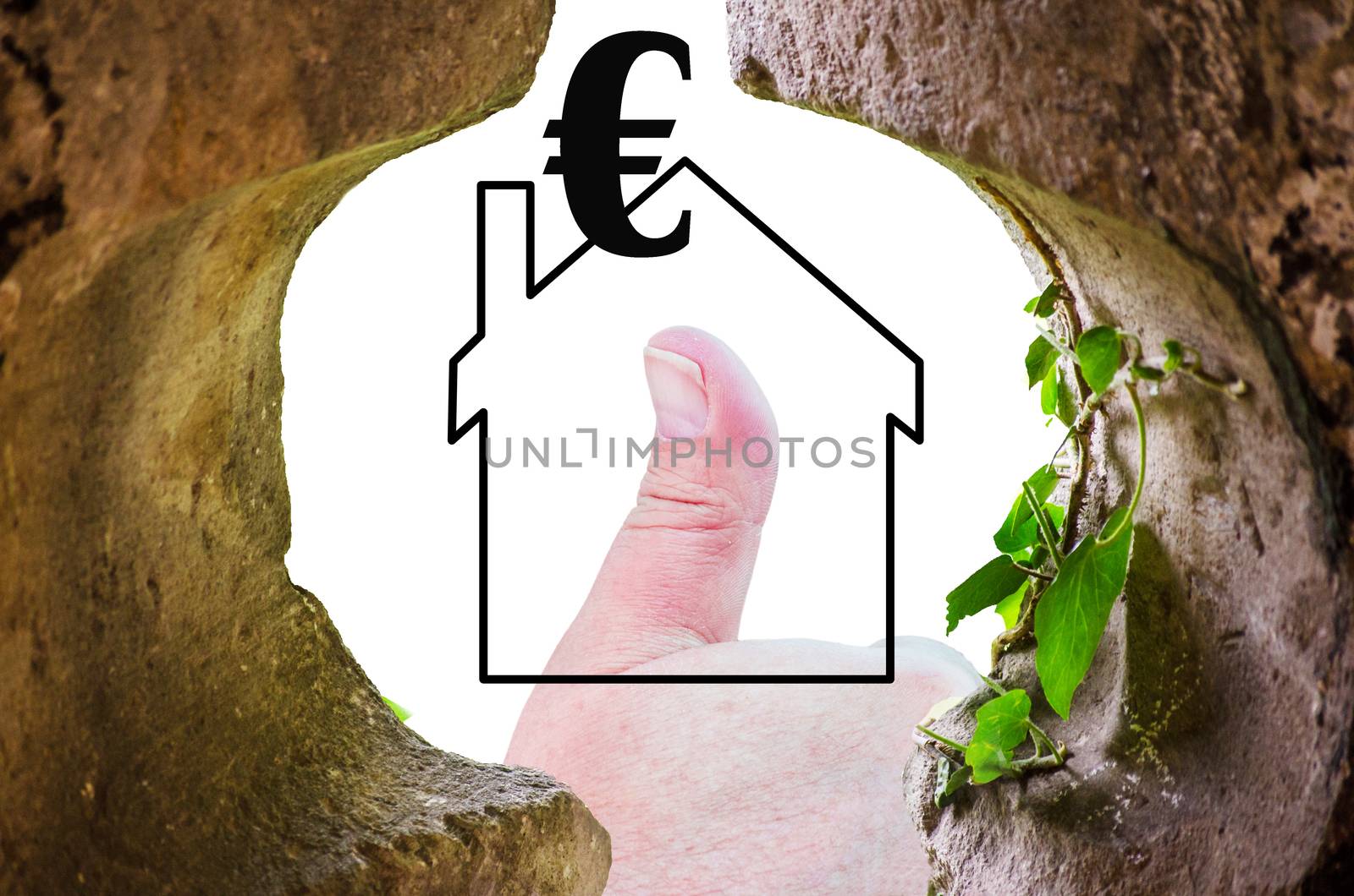 Symbol of the real estate market, thumbs up in front of a house with euro sign and white background