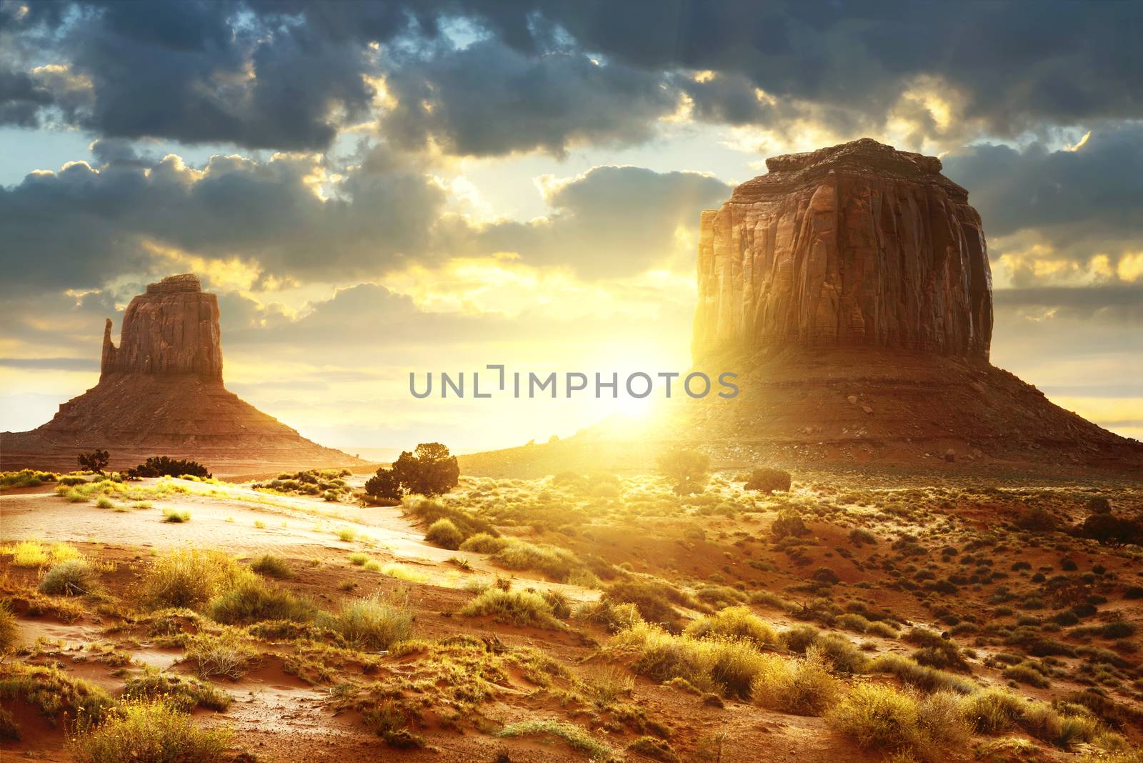 Sunset at the sisters in Monument Valley, USA