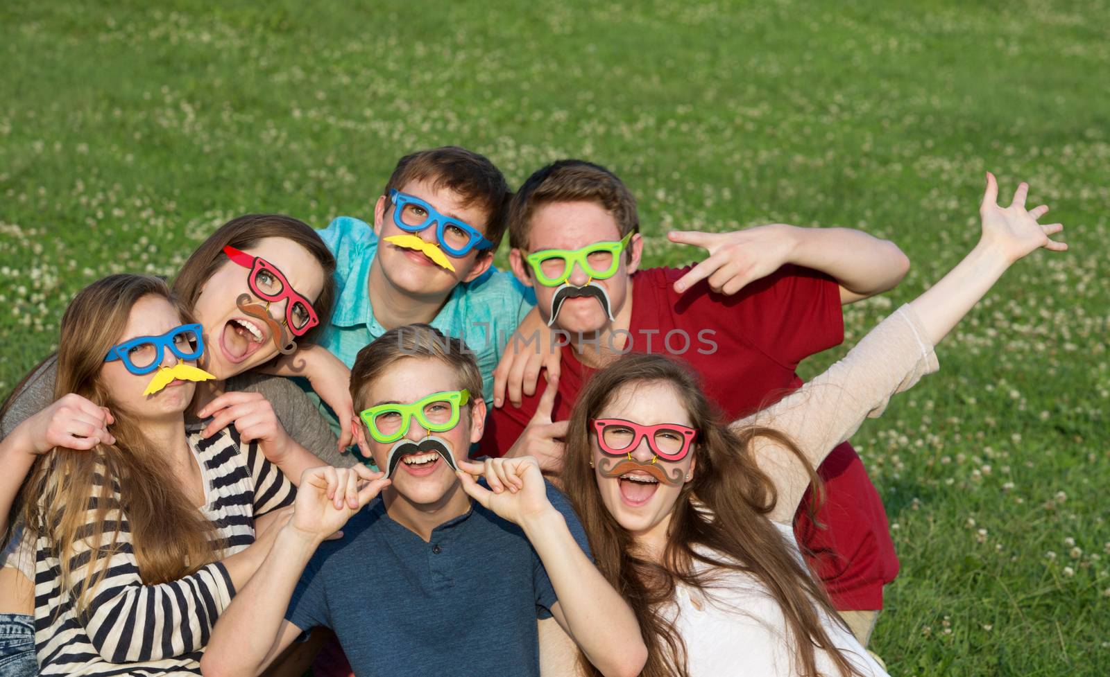 Happy group of five teenagers in silly costume