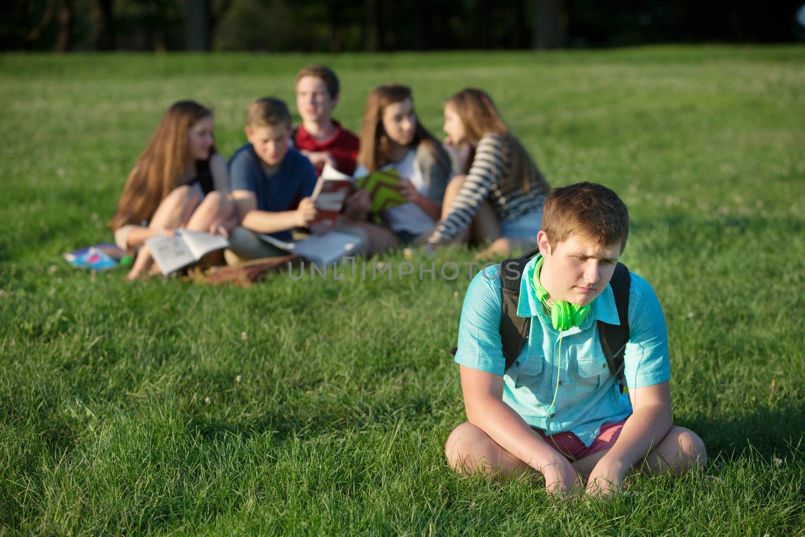 Lonely teen male sitting away from group