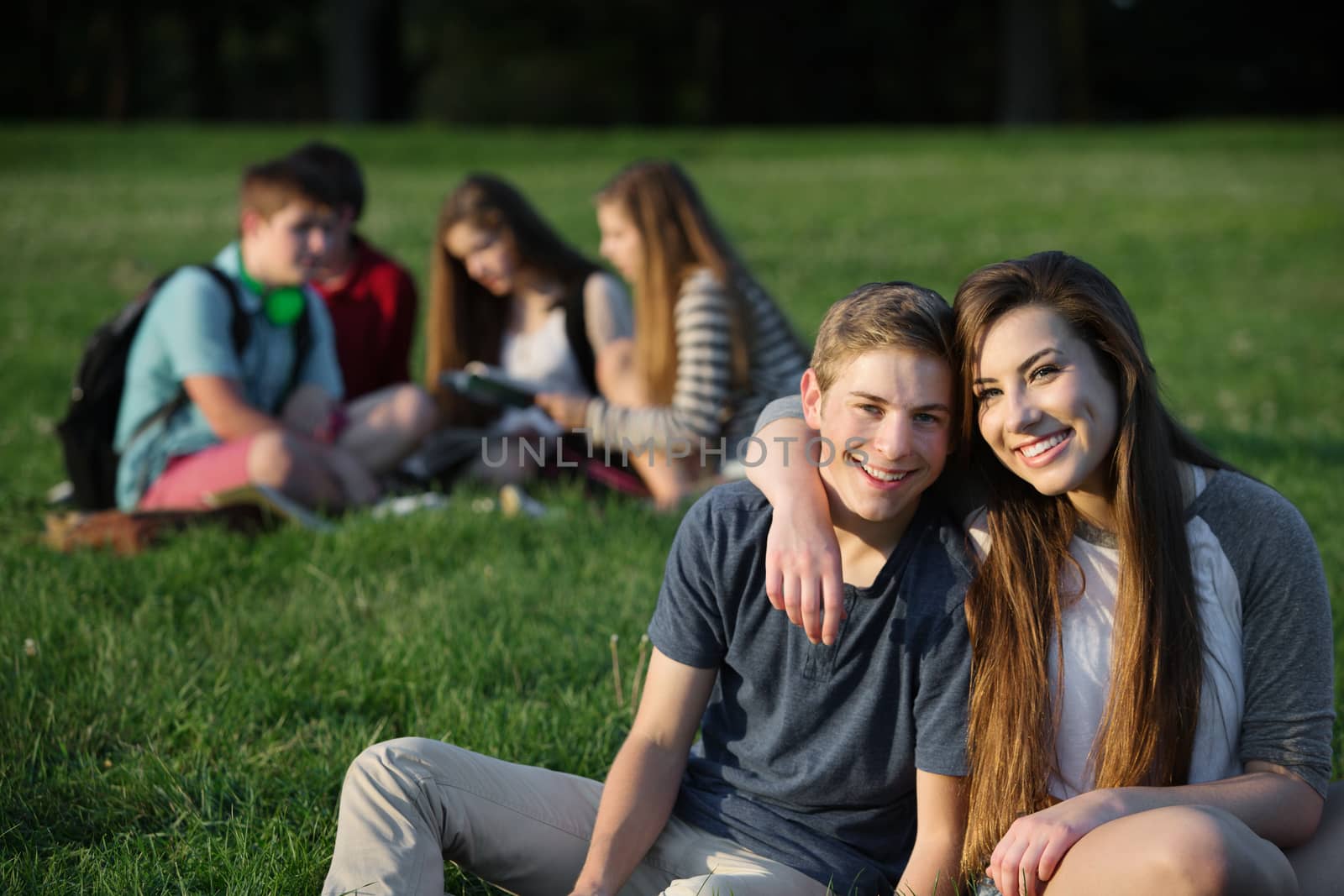 Cute teen couple sitting outdoors near group