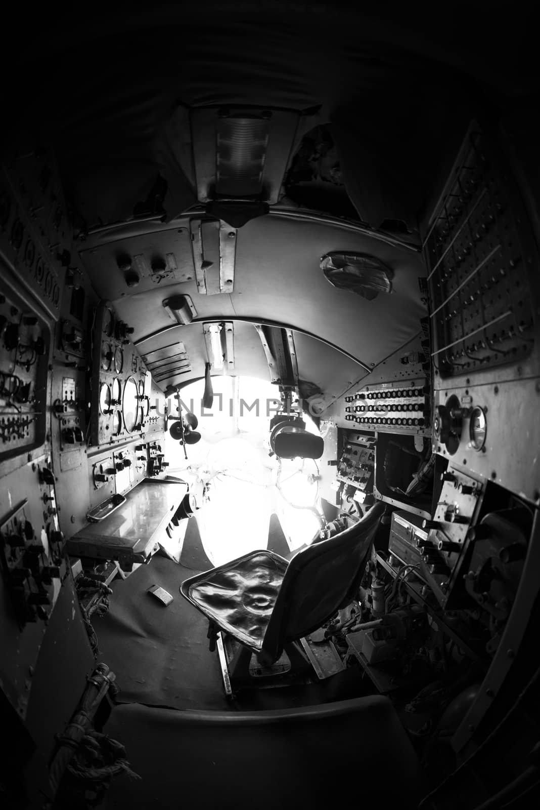 Interior of an old aircraft with control panel closeup