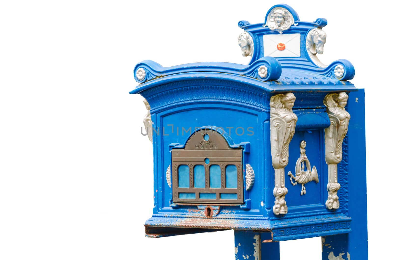 Antique Blue mail box against a white background