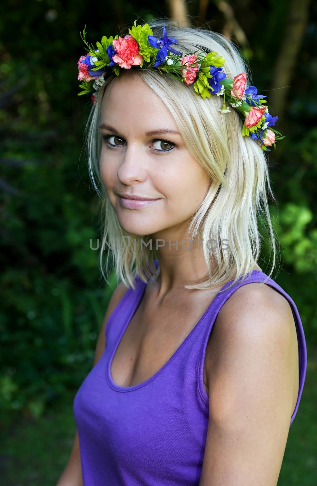 Lovely Young Blonde Lady with Garland of Flowers by fouroaks