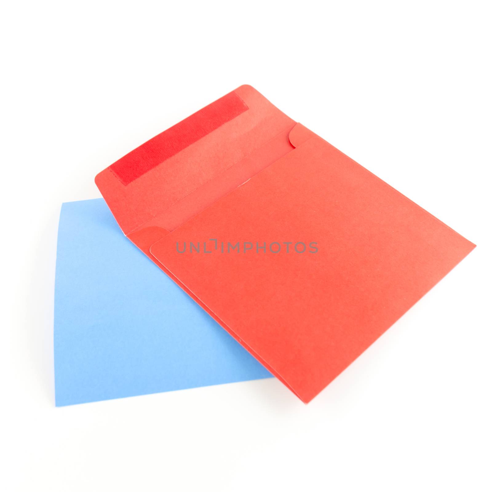 red envelope with blue note on a white background