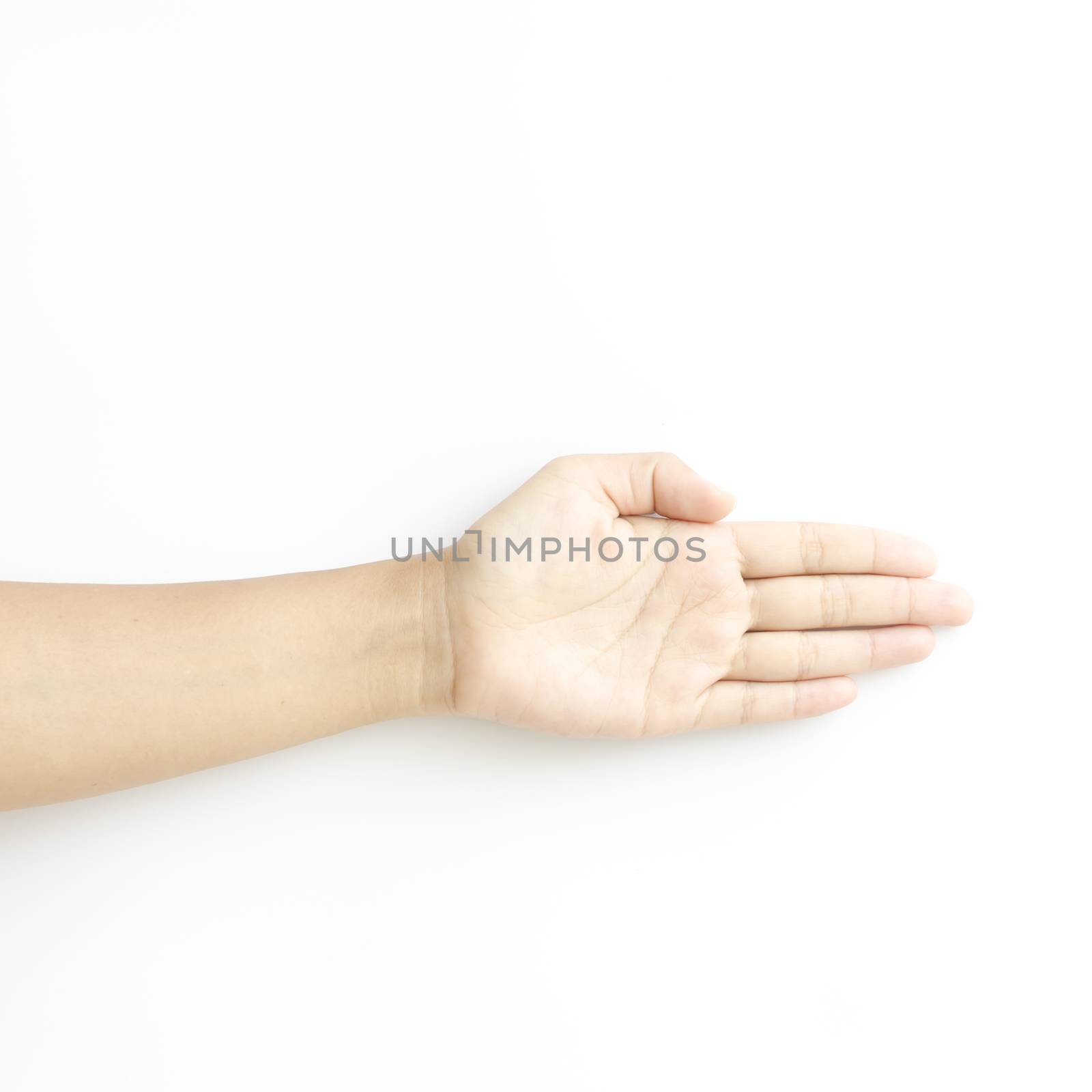 asia woman open hand on a white background