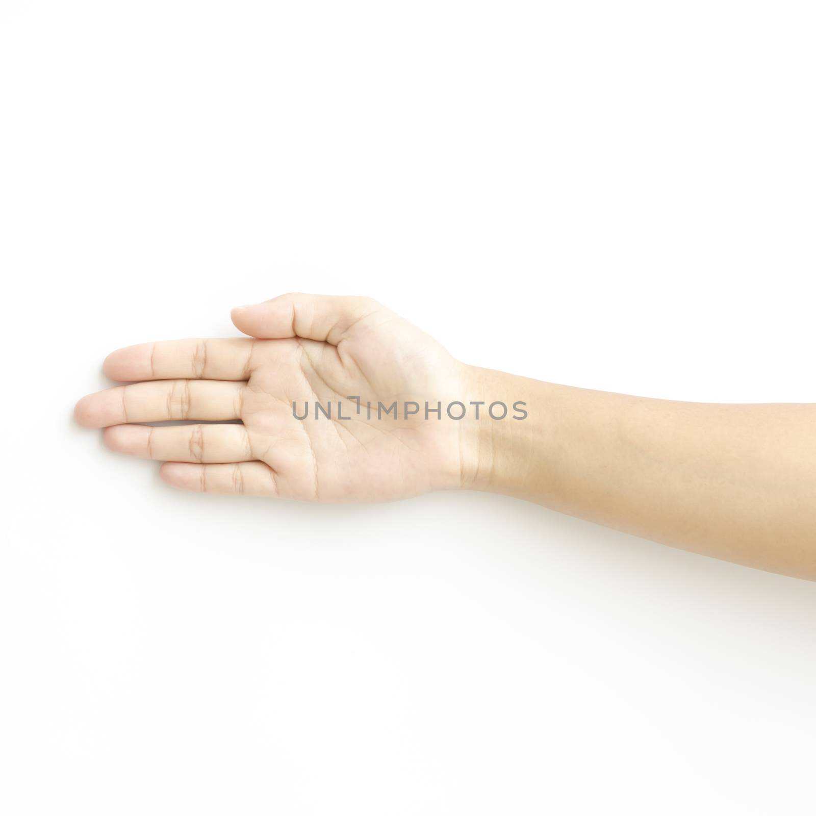 asia woman open hand on a white background