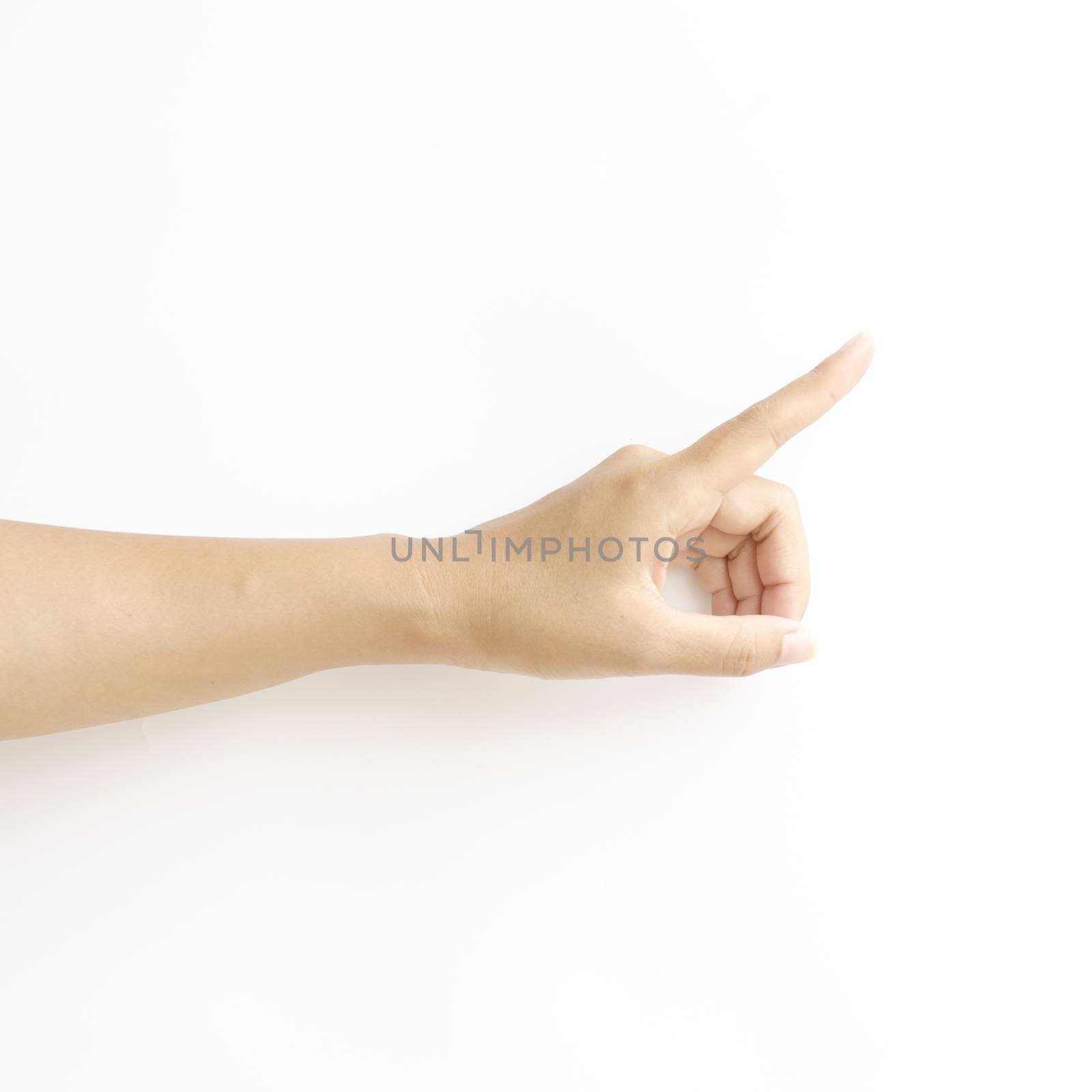 asia woman Hand touching virtual screen on a white background