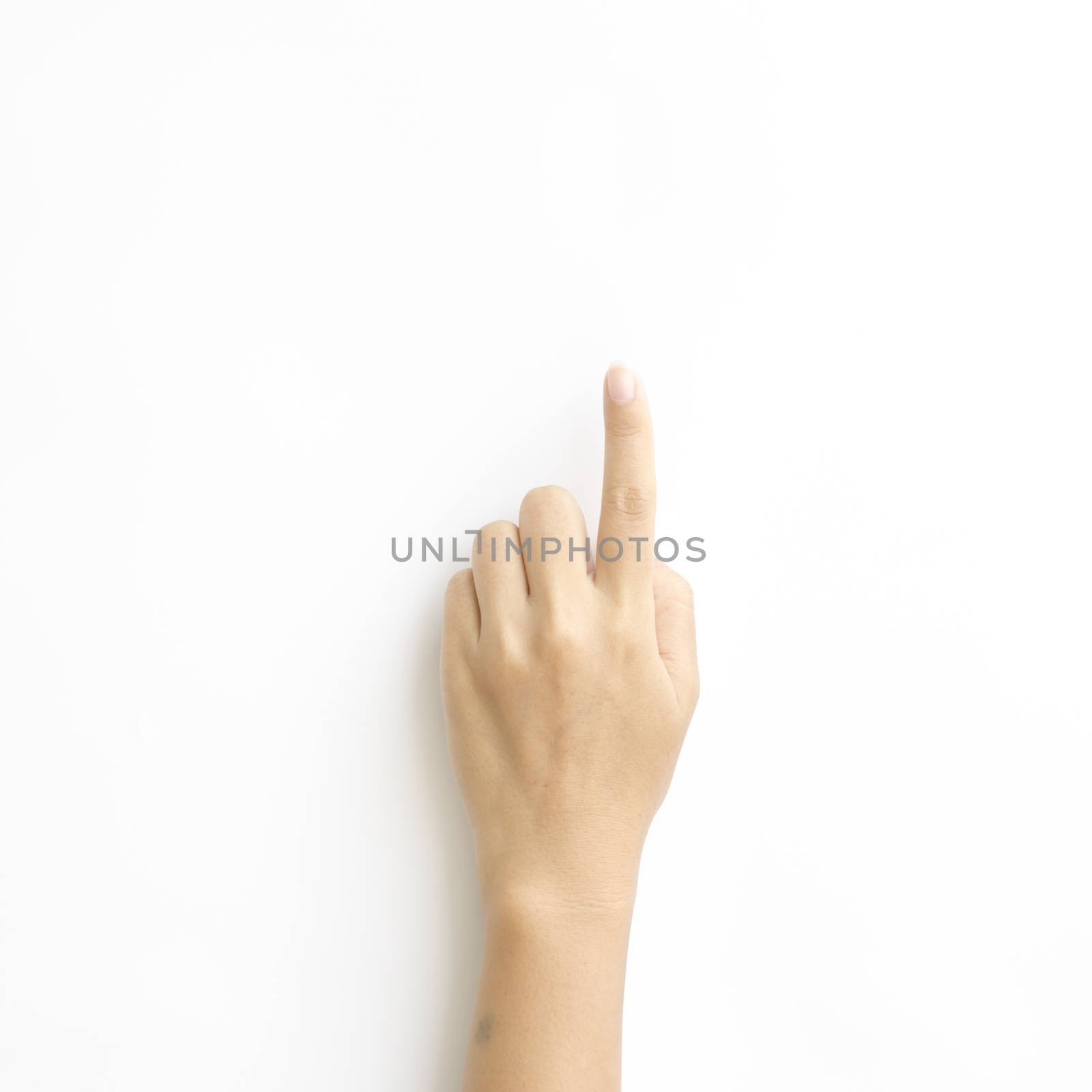 asia woman Hand touching virtual screen on a white background